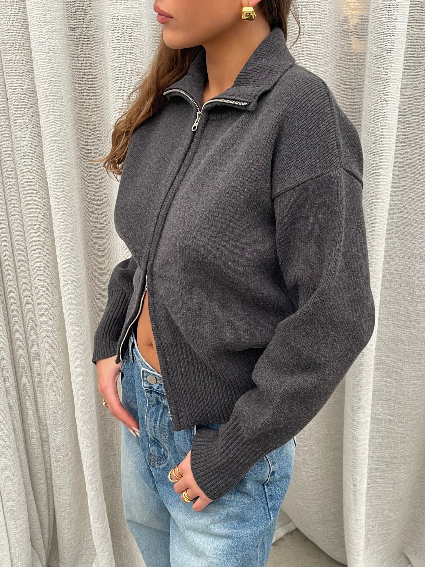 Two Way Zip Cardigan Grey