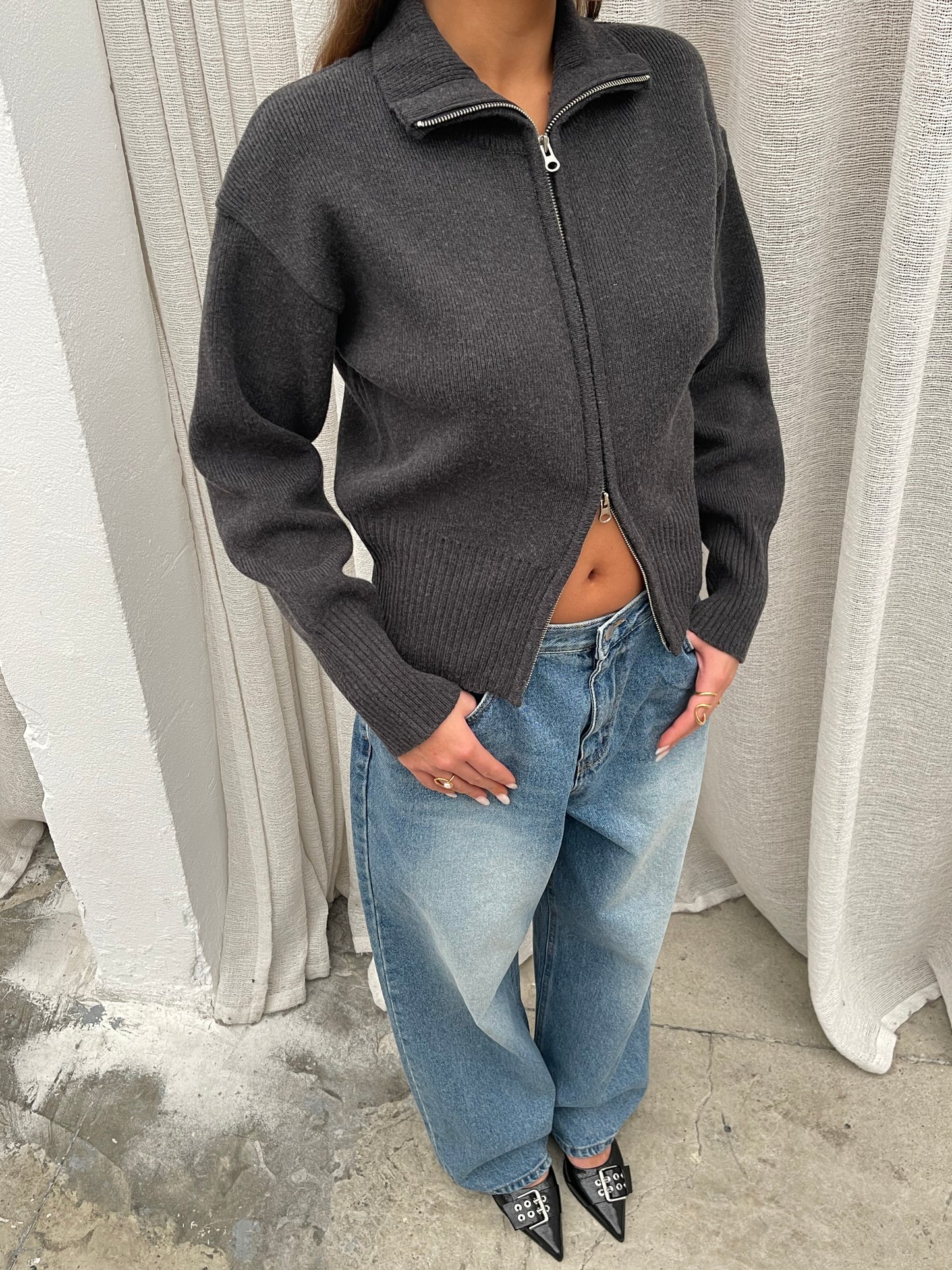 Two Way Zip Cardigan Grey