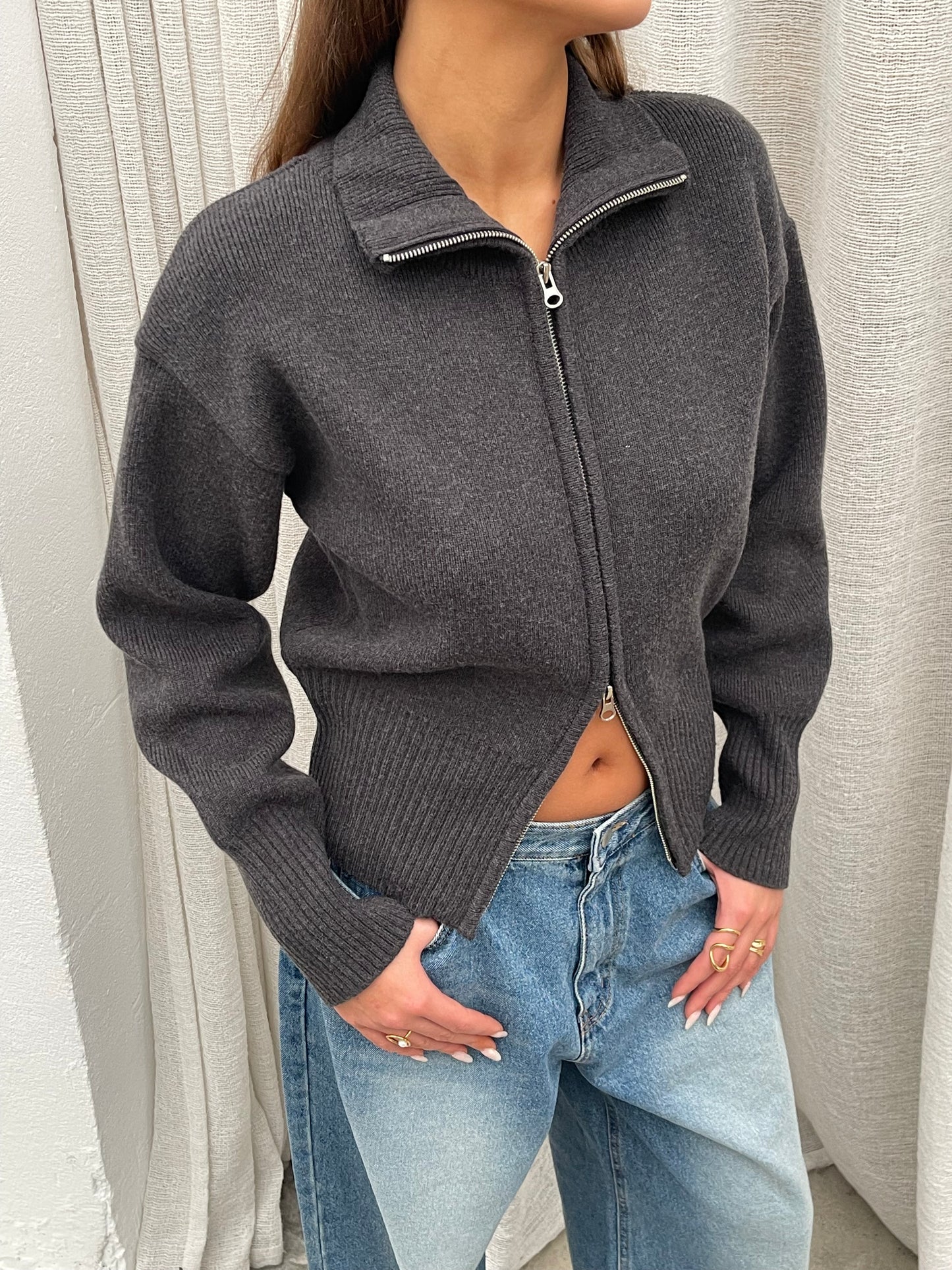 Two Way Zip Cardigan Grey