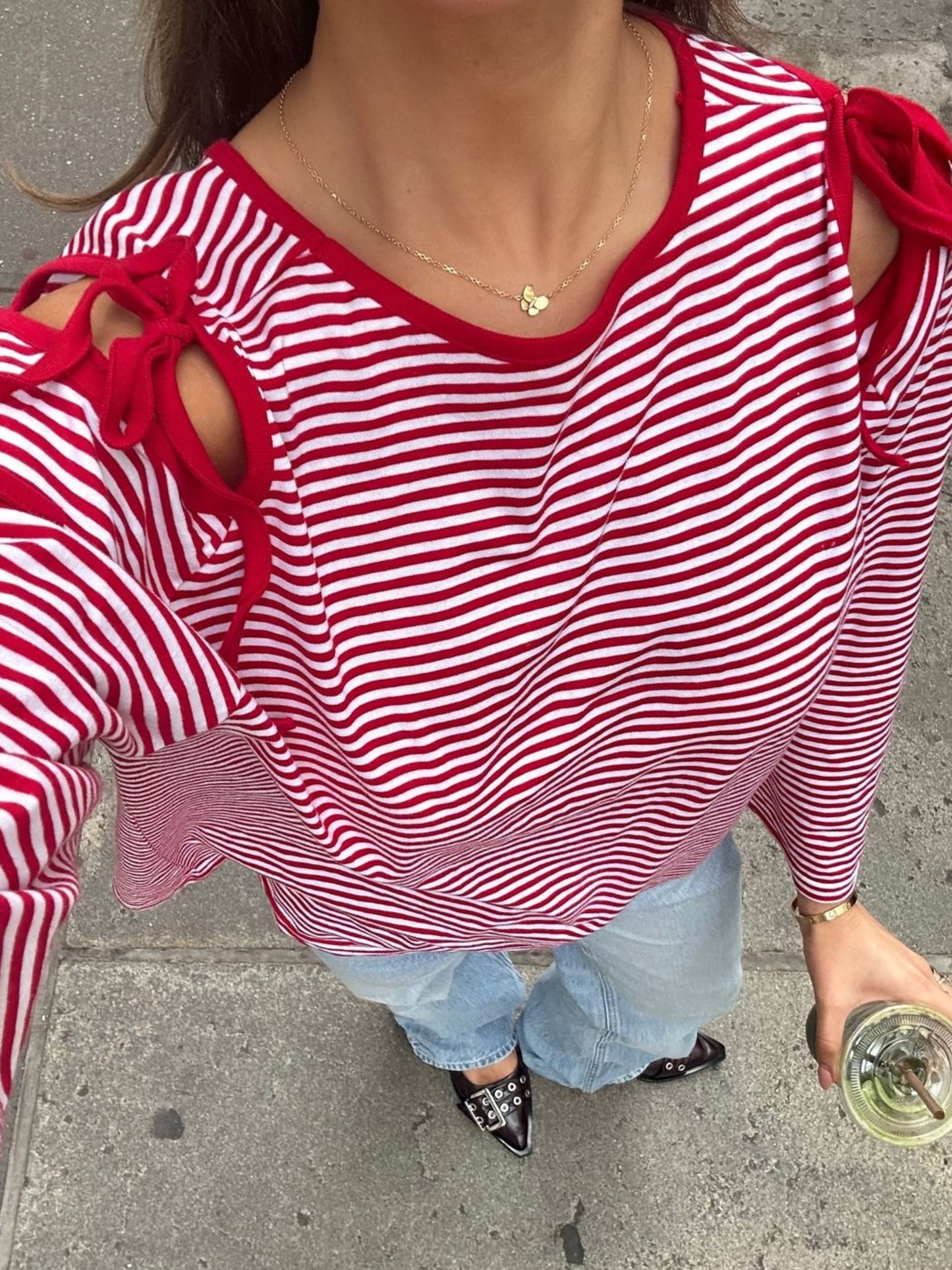 Ribbon Detail Cut Out Striped Tee Red