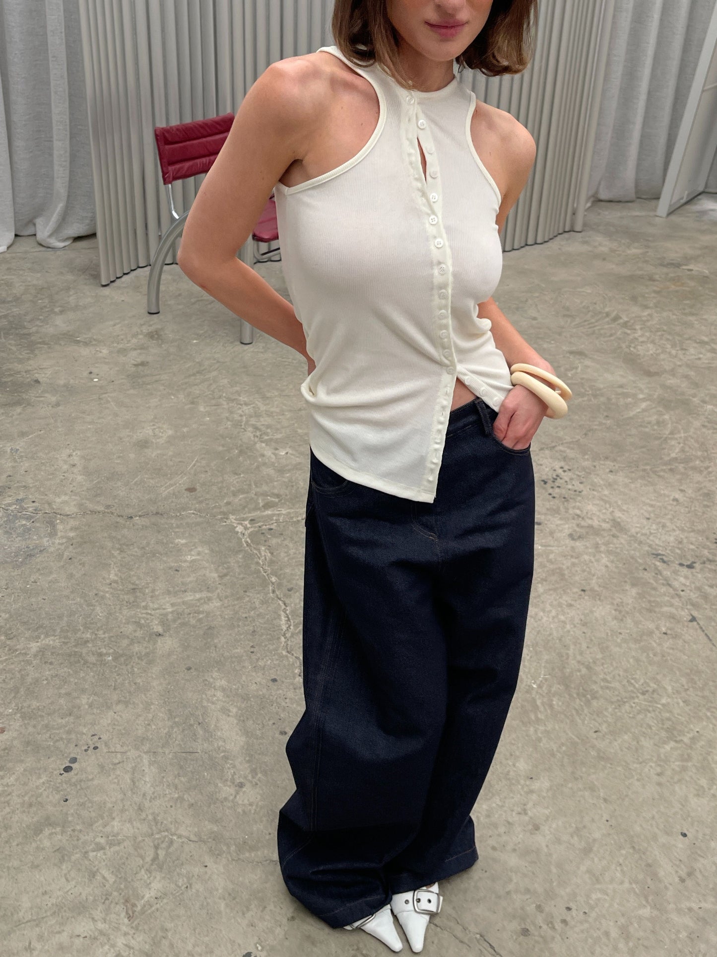 Diagonal Buttoned Ribbed Tank Top Butter Cream