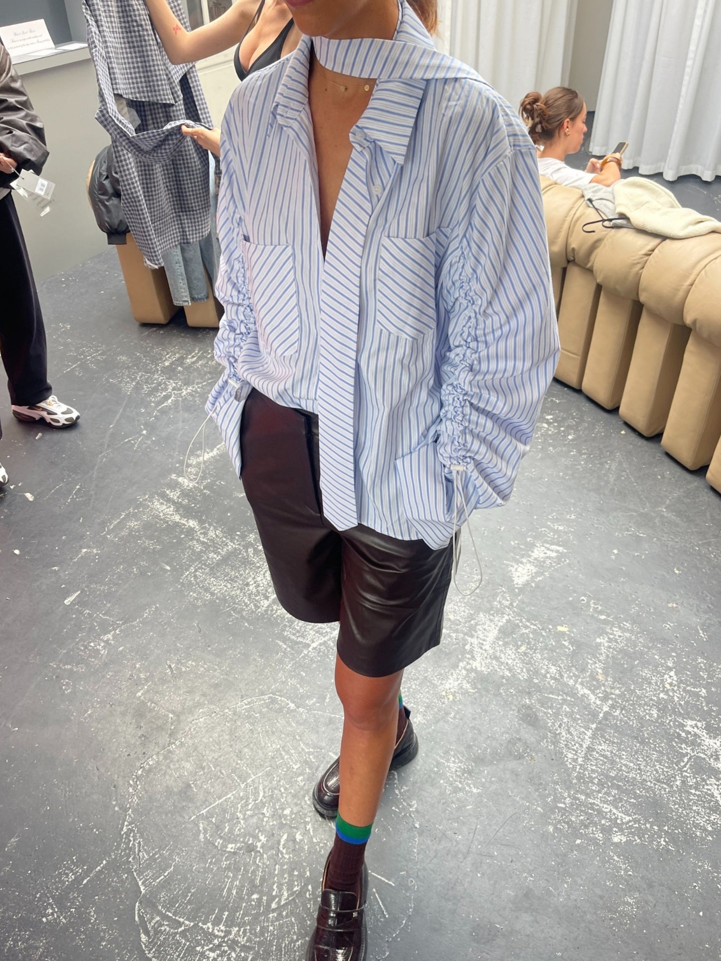 Oversized Striped Drawstring Shirt With Tie