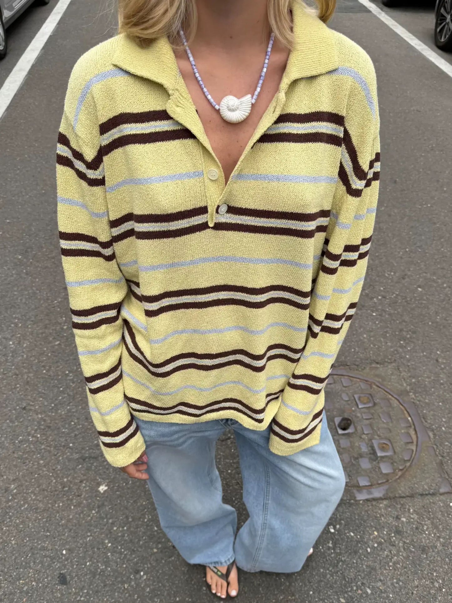 Knitted Striped Polo Longsleeve Yellow