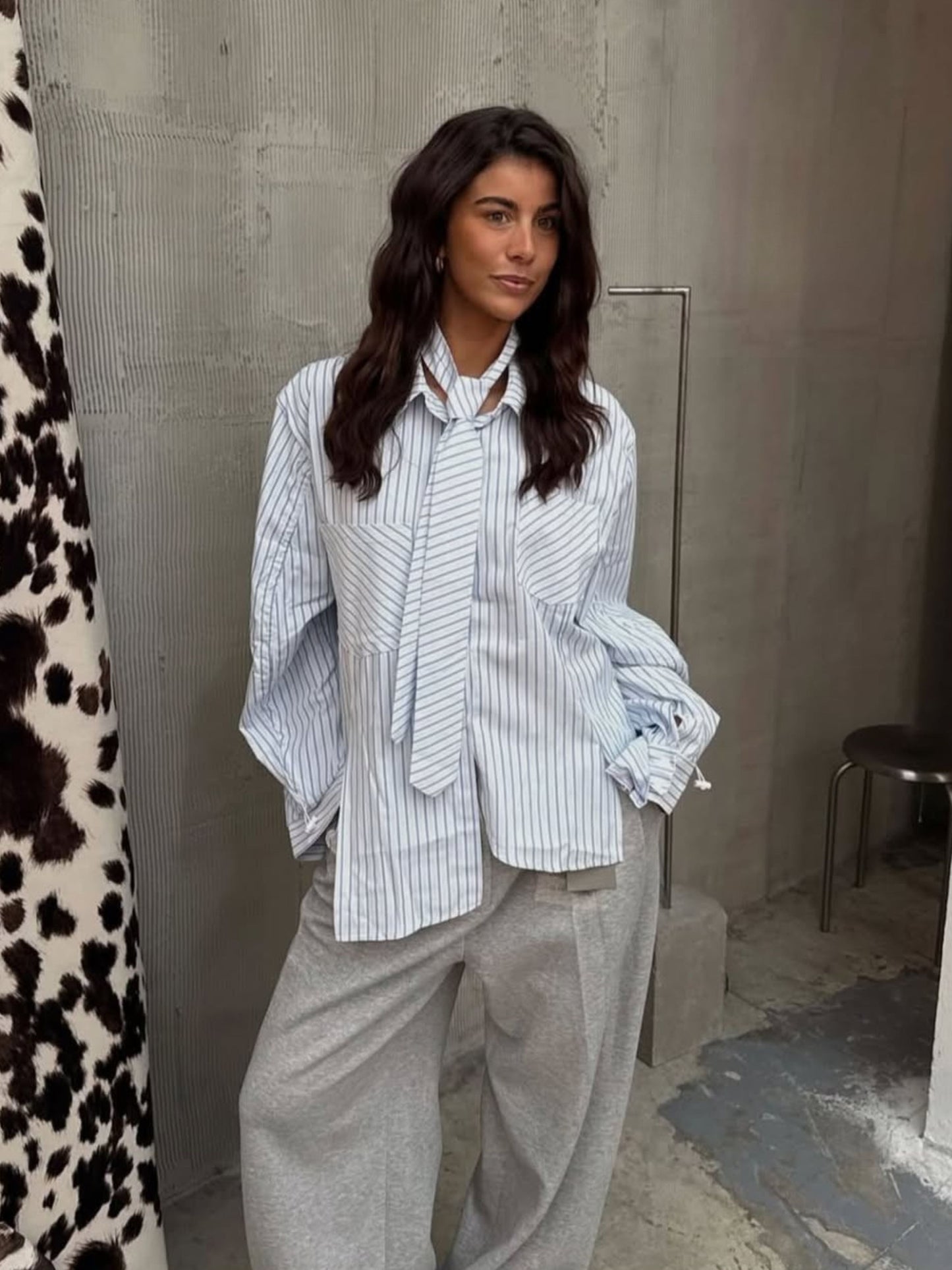 Oversized Striped Drawstring Shirt With Tie