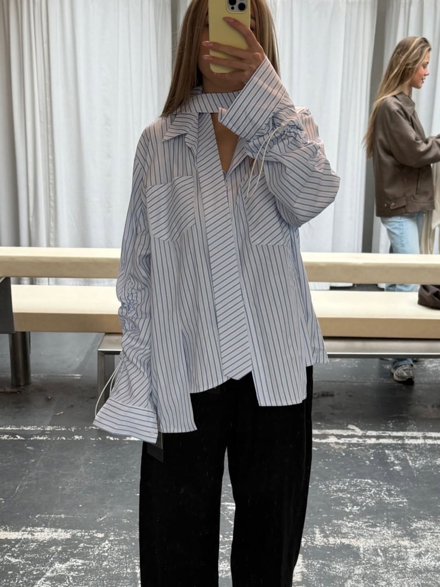 Oversized Striped Drawstring Shirt With Tie
