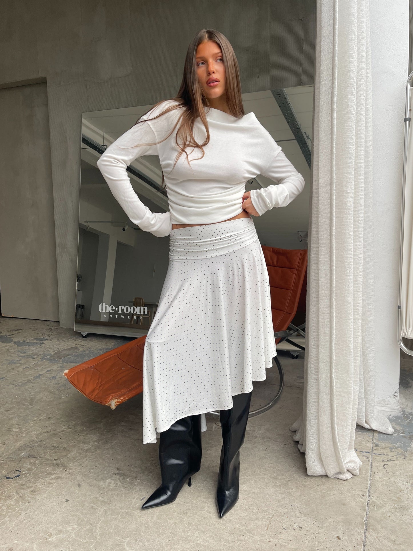 Ruched Detail Asymmetric Skirt Polka Dot