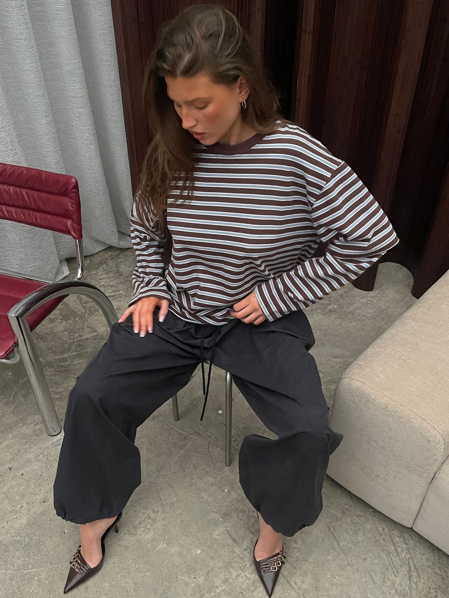 Striped Double Sleeve Tee Brown