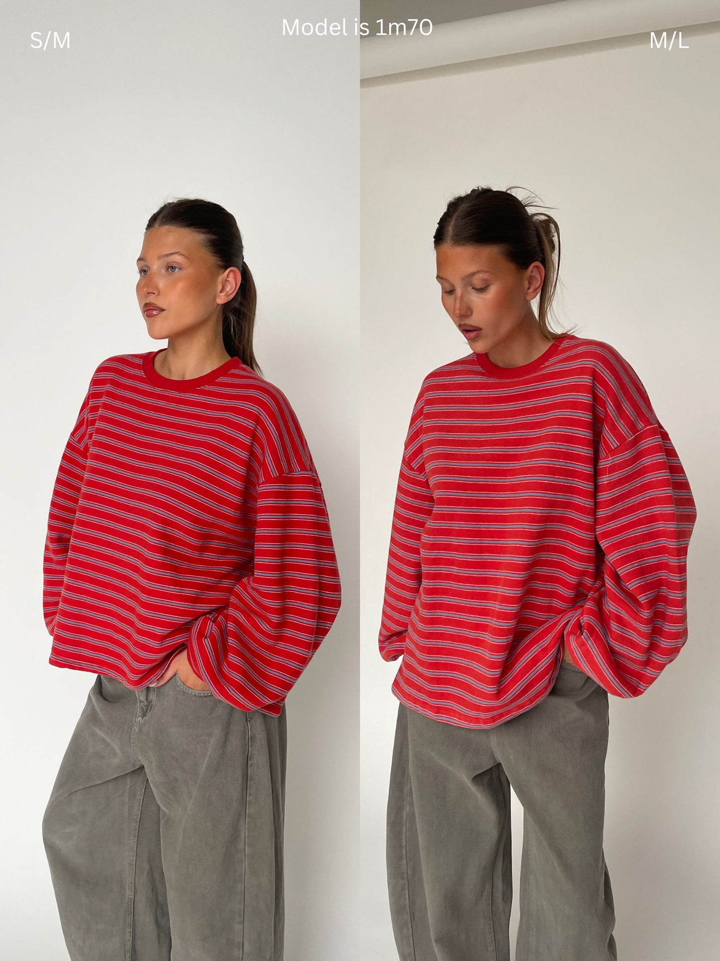 Oversized Striped Fleece Sweater Bright Red