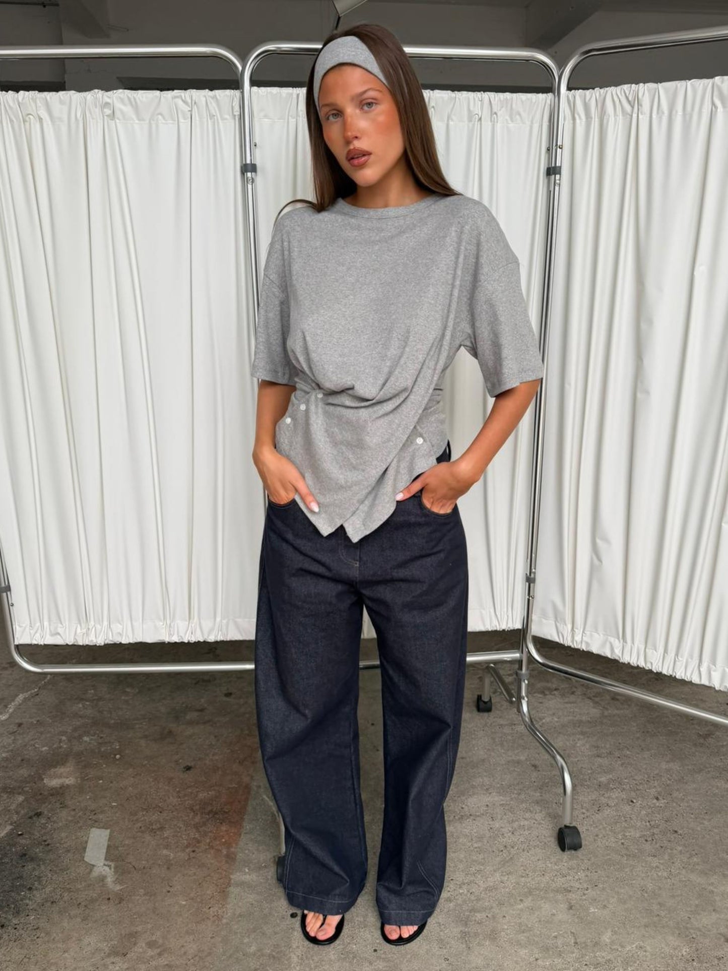 Ribbed Cinched Button Top Grey