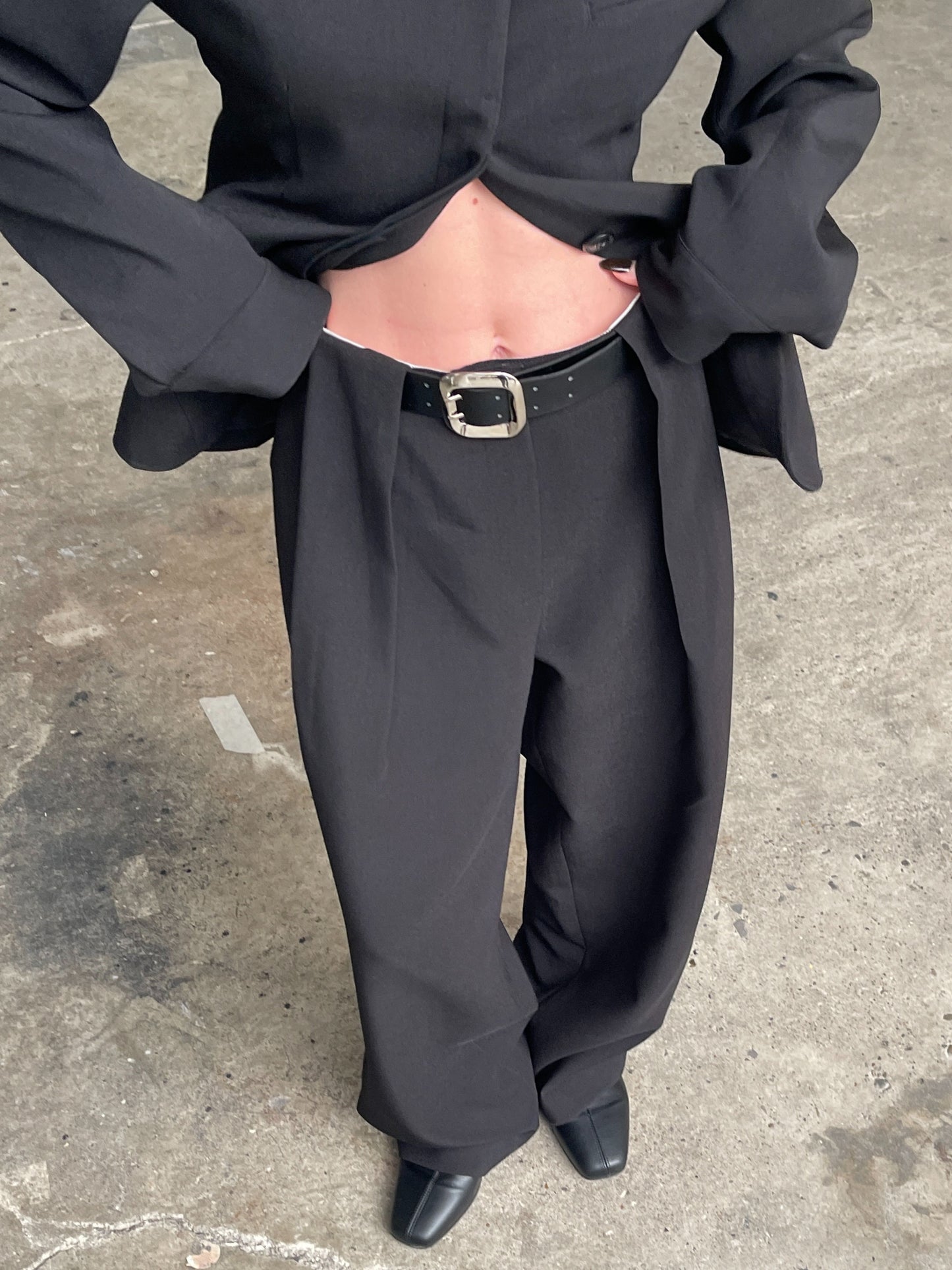 Front Pleated Belted Tailored Pants Black