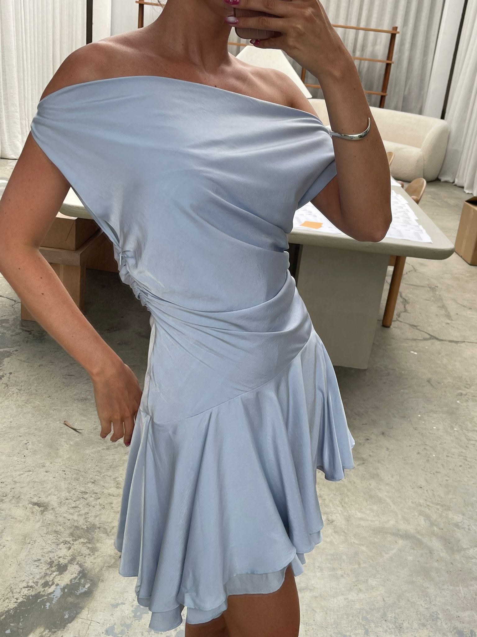 Draped Off Shoulder Ruffled Mini Dress Sky Blue The Room Antwerp Draped Off Shoulder Ruffled Mini Dress Sky Blue The Room Antwerp