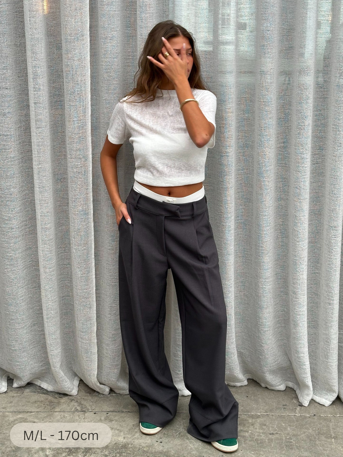 High Waisted Classic Front Pleated Pants Dark Grey
