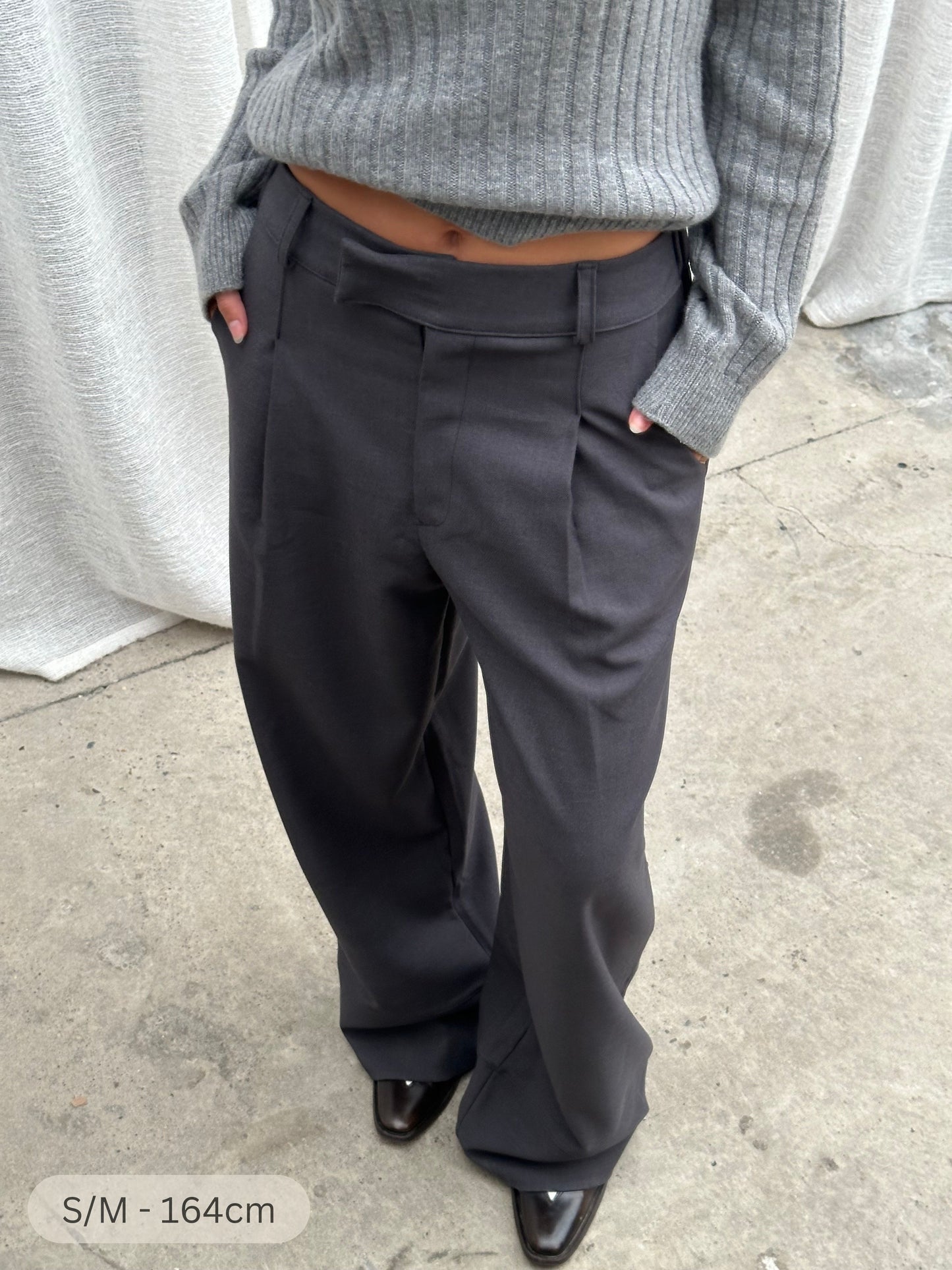 High Waisted Classic Front Pleated Pants Dark Grey