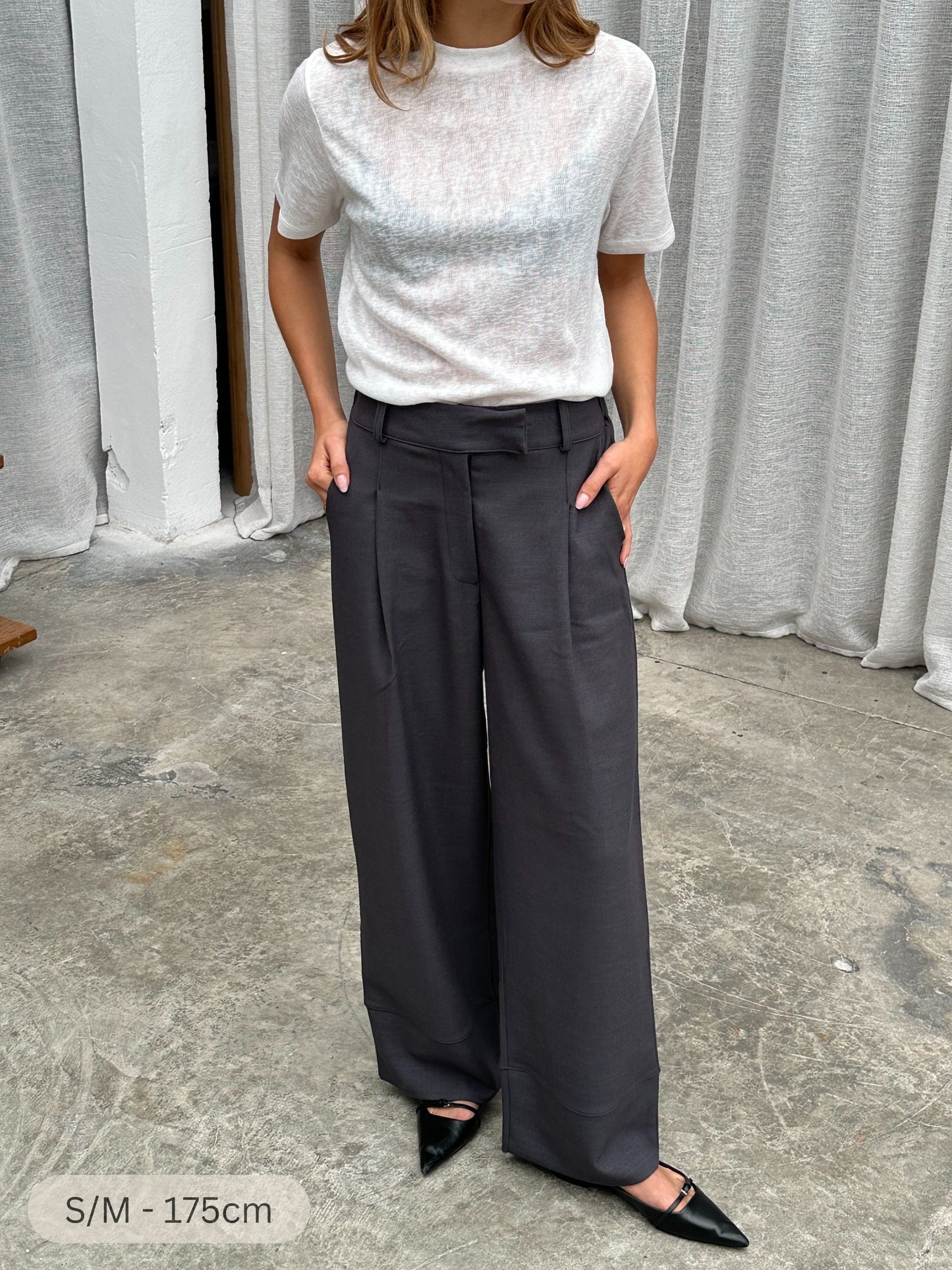 High Waisted Classic Front Pleated Pants Dark Grey