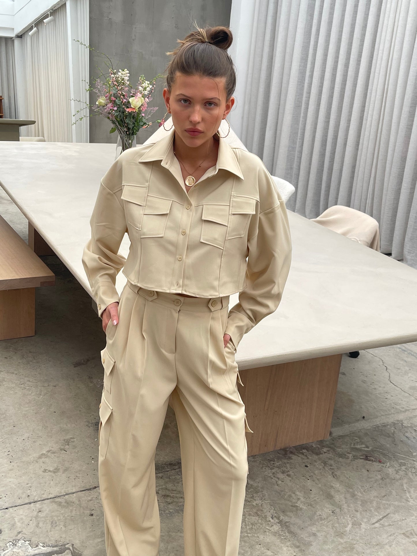 Co Ord Cropped Pocket Blouse Sand