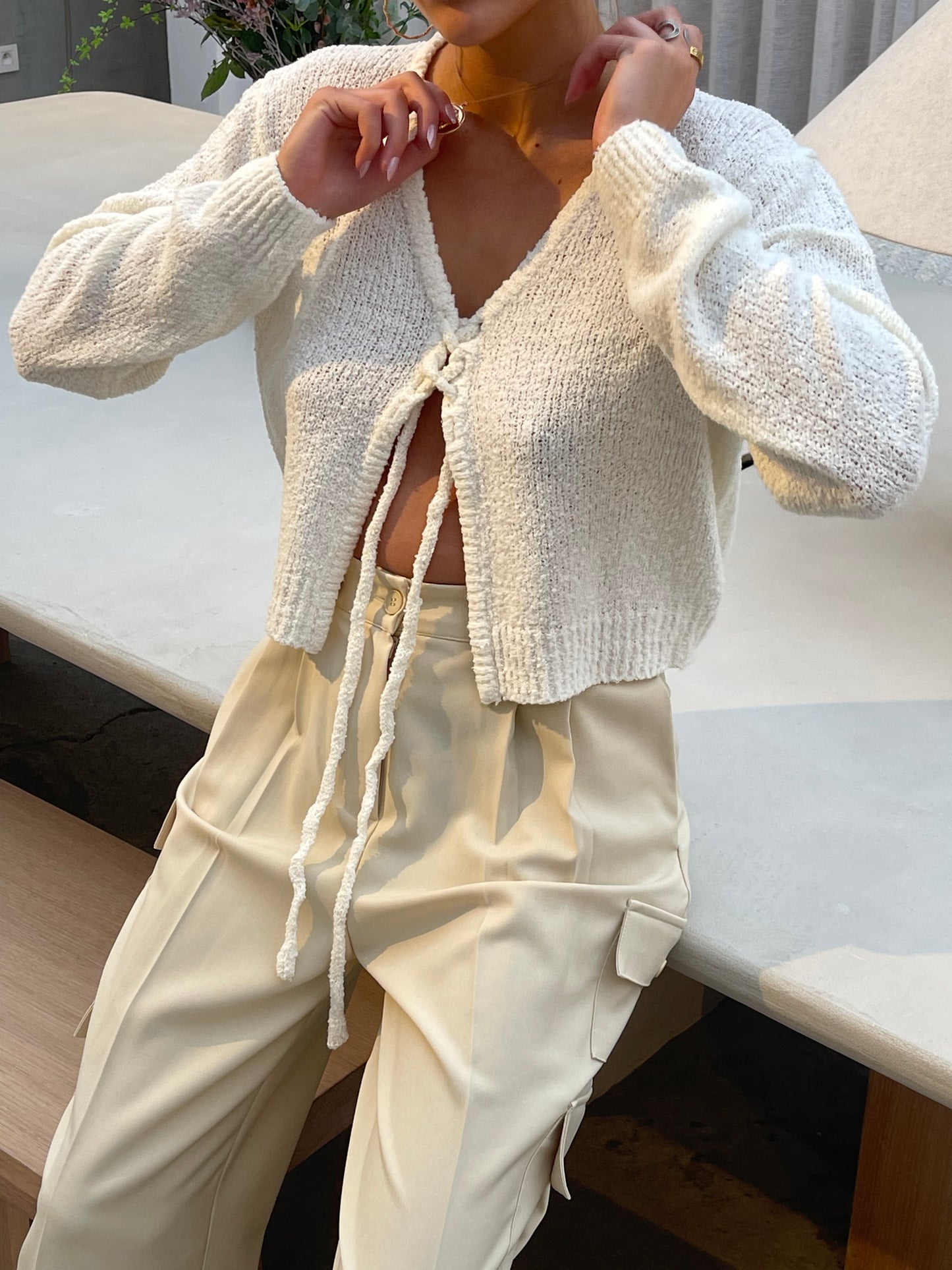 Tie Front Cropped Cardigan White