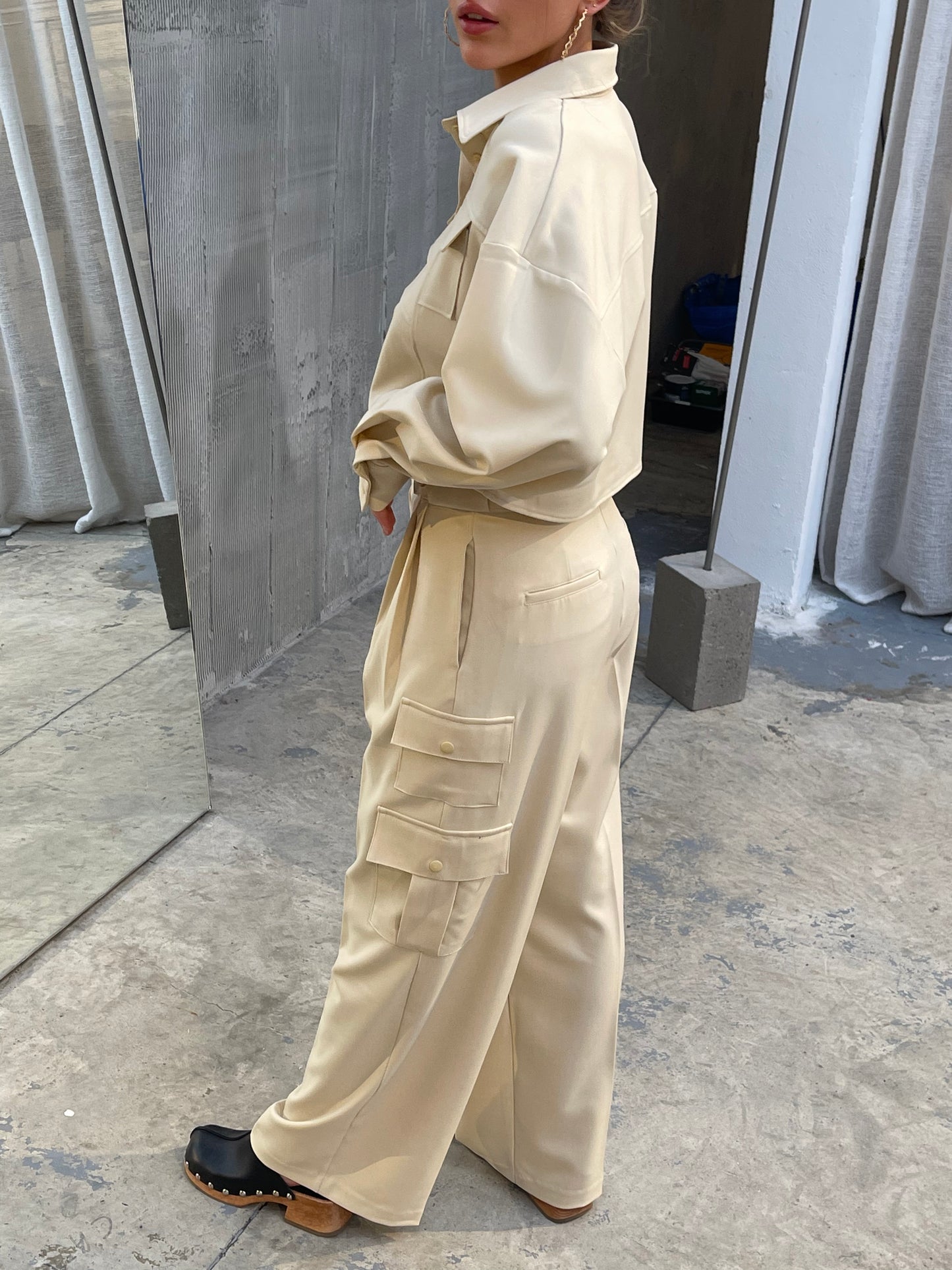 Co Ord Double Pleated Cargo Pants Sand