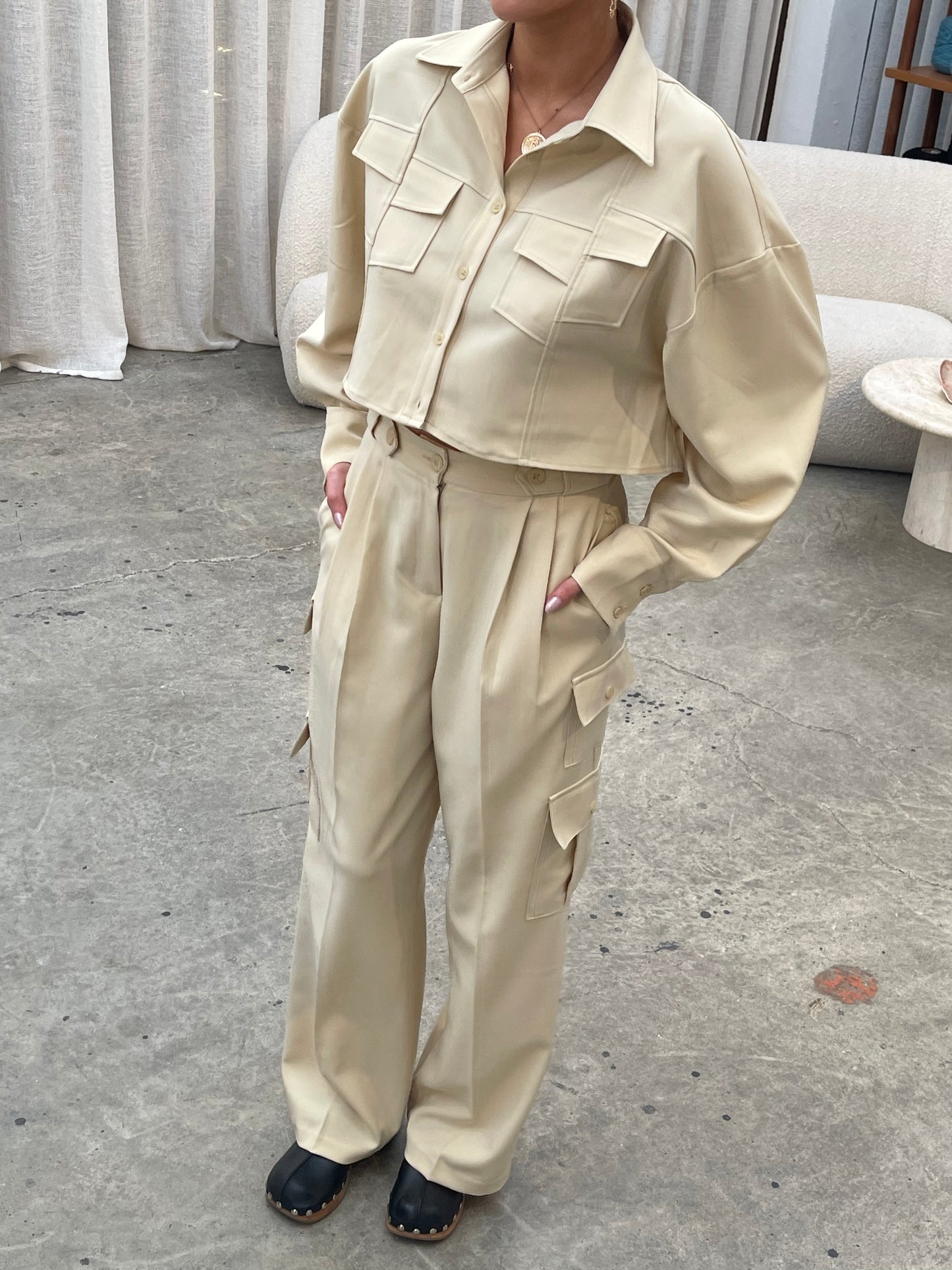 Co Ord Cropped Pocket Blouse Sand
