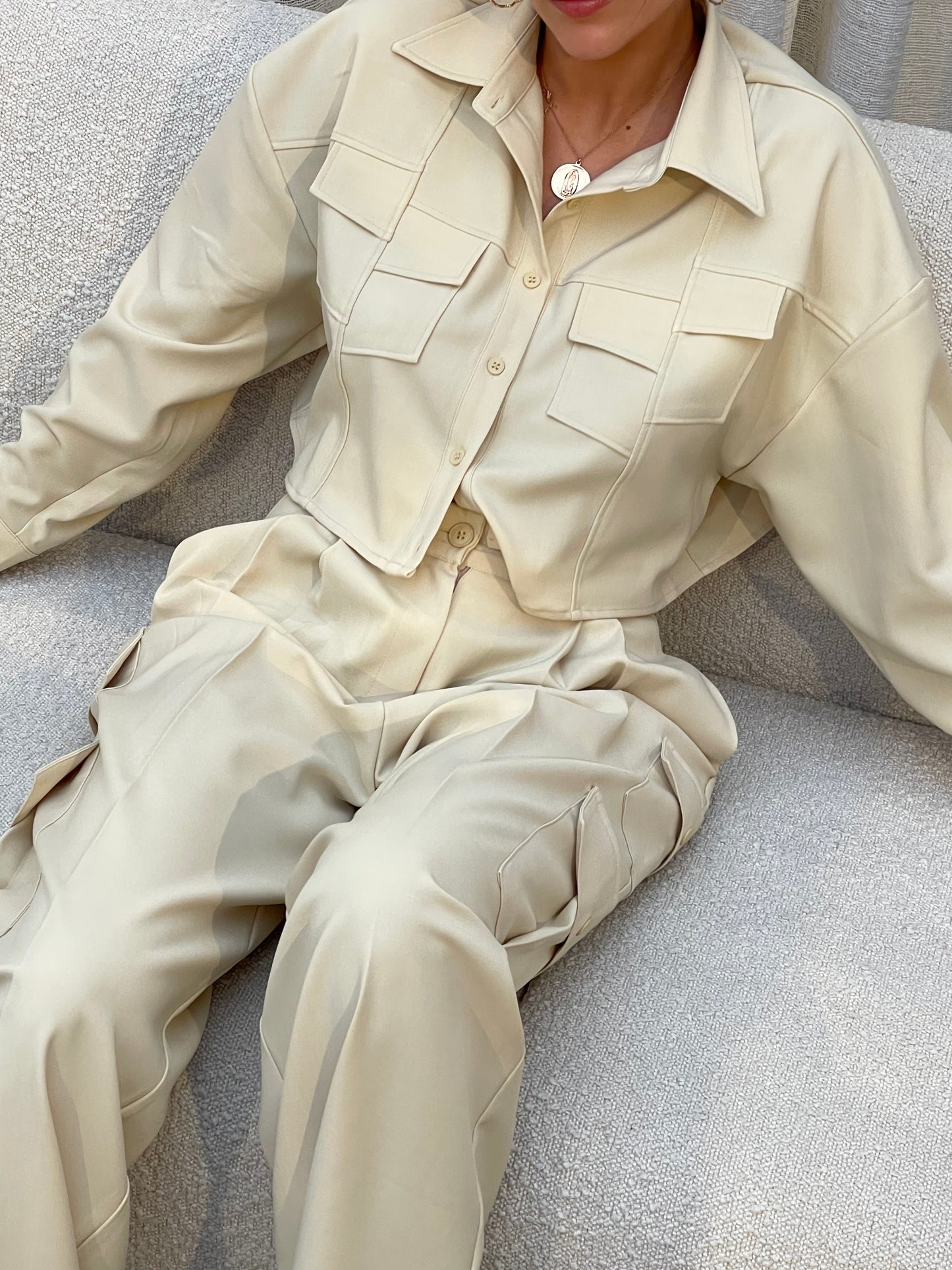 Co Ord Double Pleated Cargo Pants Sand