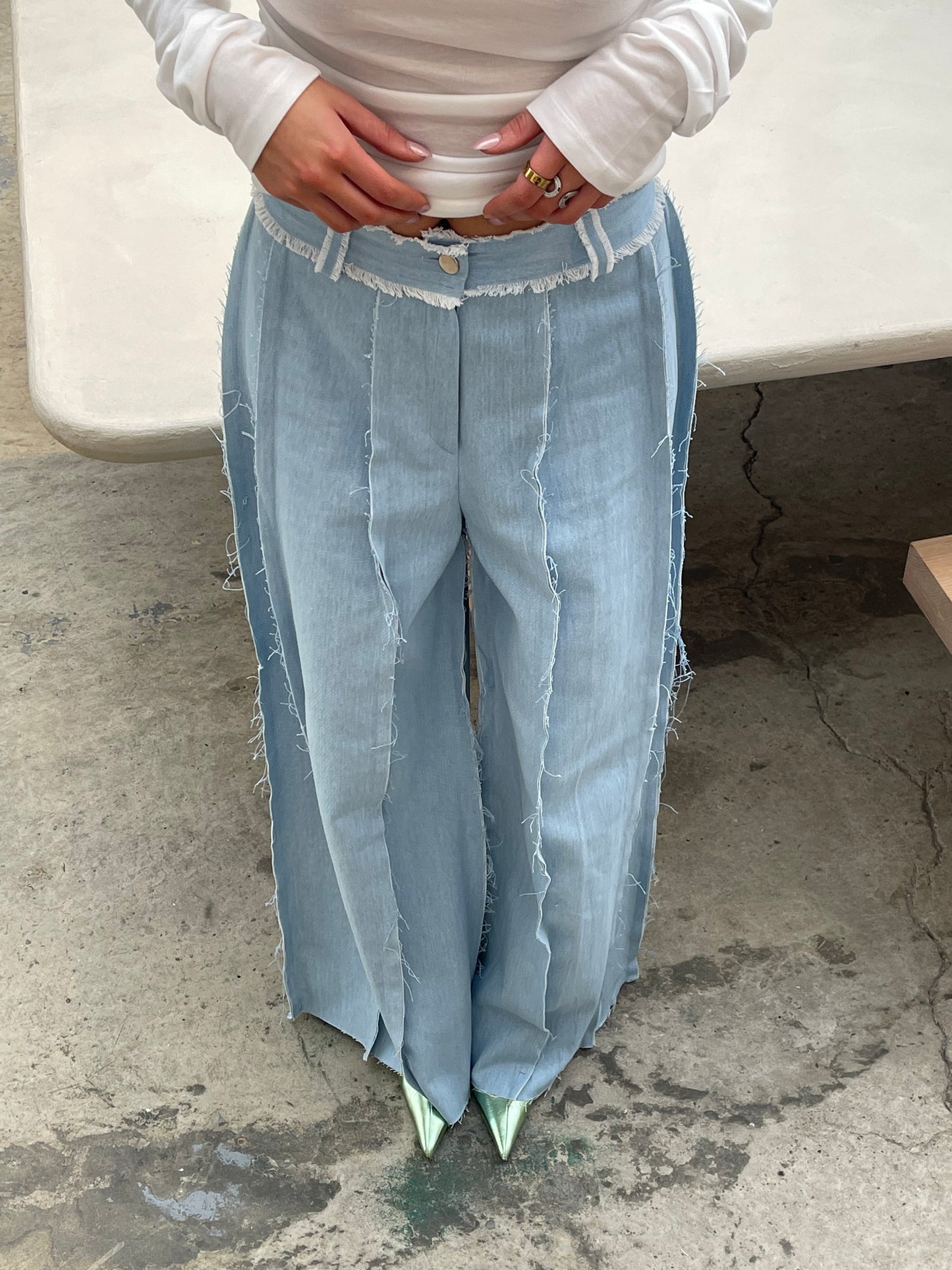 Fringe Trim Light Blue Jeans