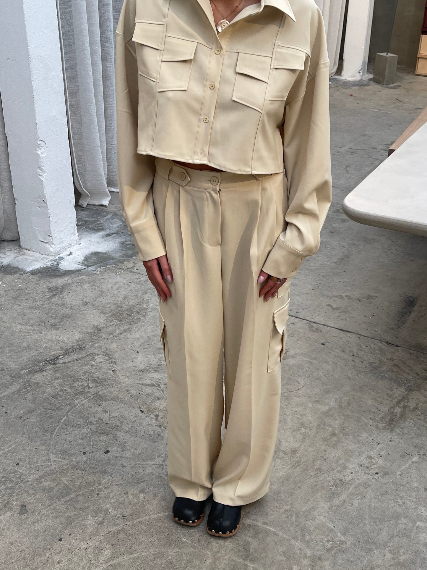 Co Ord Double Pleated Cargo Pants Sand
