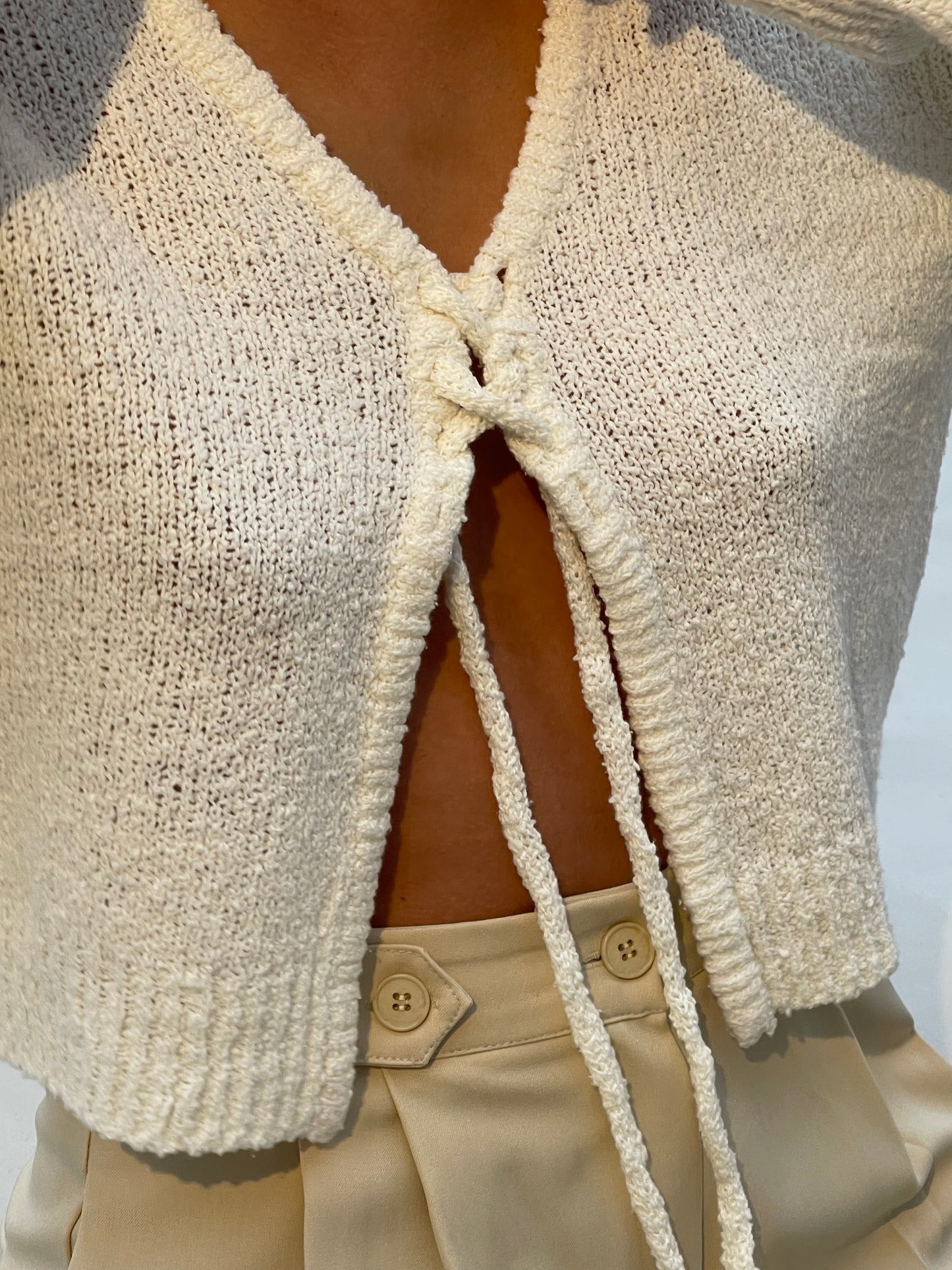 Tie Front Cropped Cardigan White