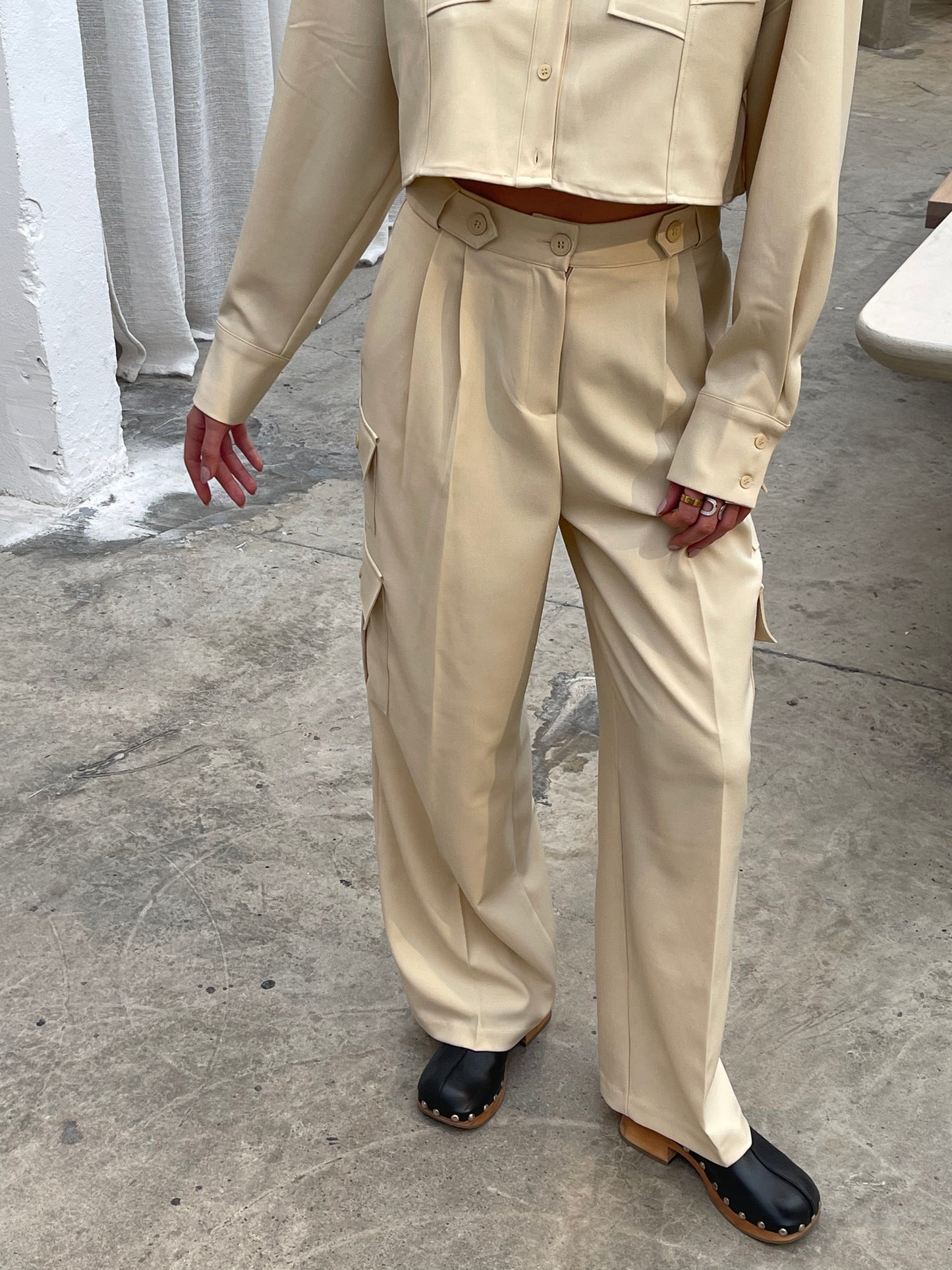 Co Ord Double Pleated Cargo Pants Sand