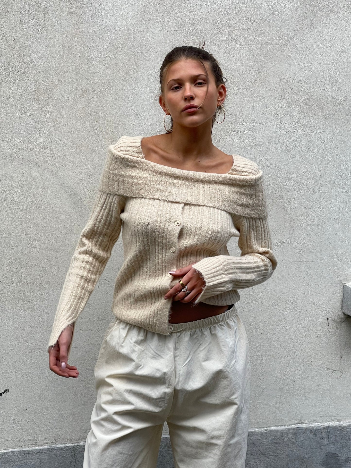 Draped Shoulder Knit Ivory