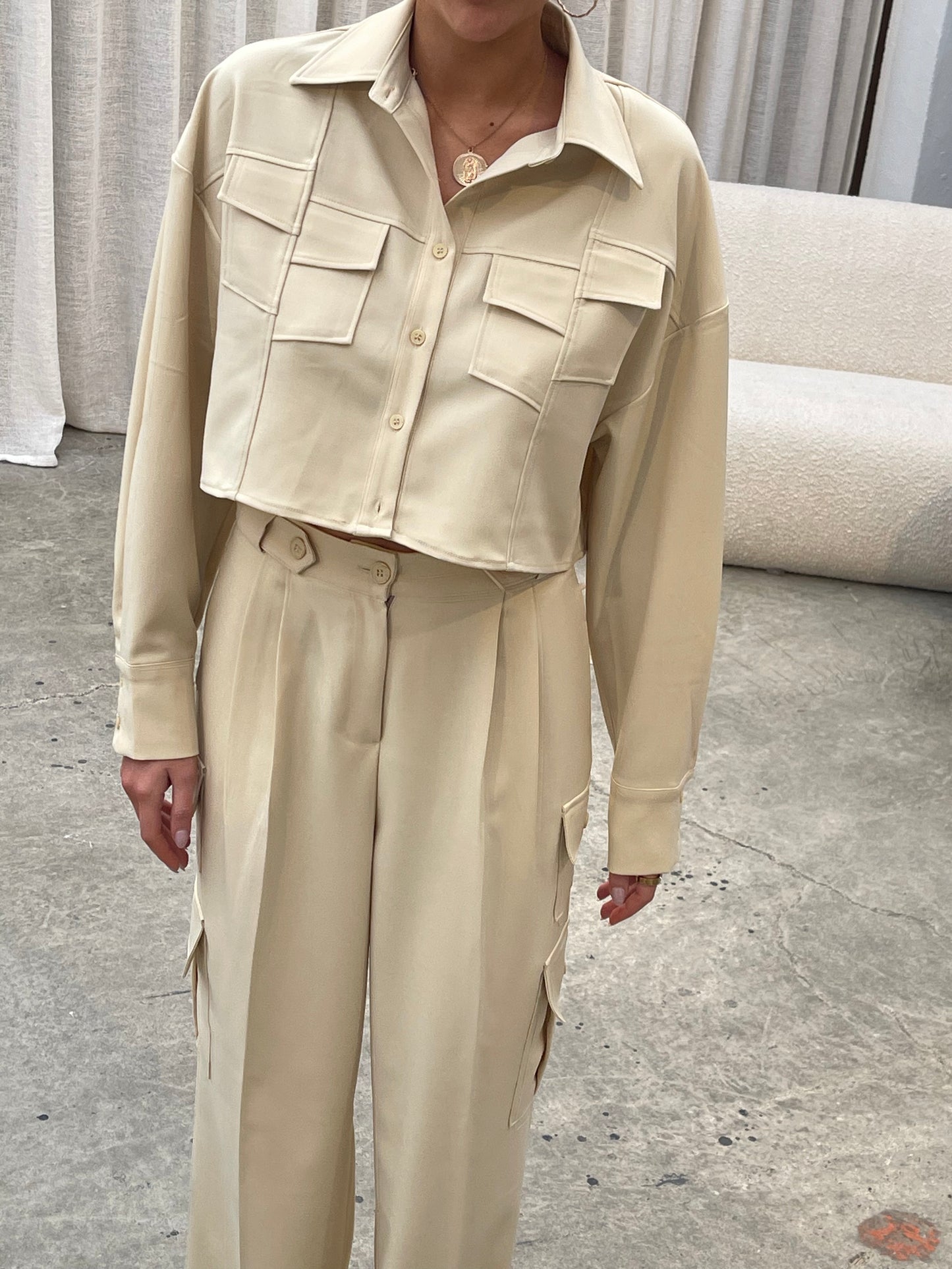 Co Ord Cropped Pocket Blouse Sand