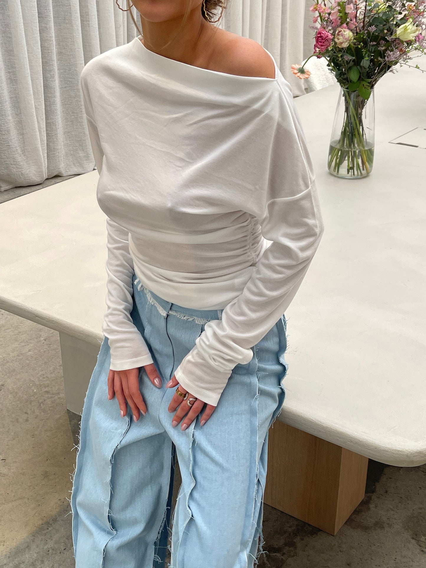 Boatneck Side Pleats Top White