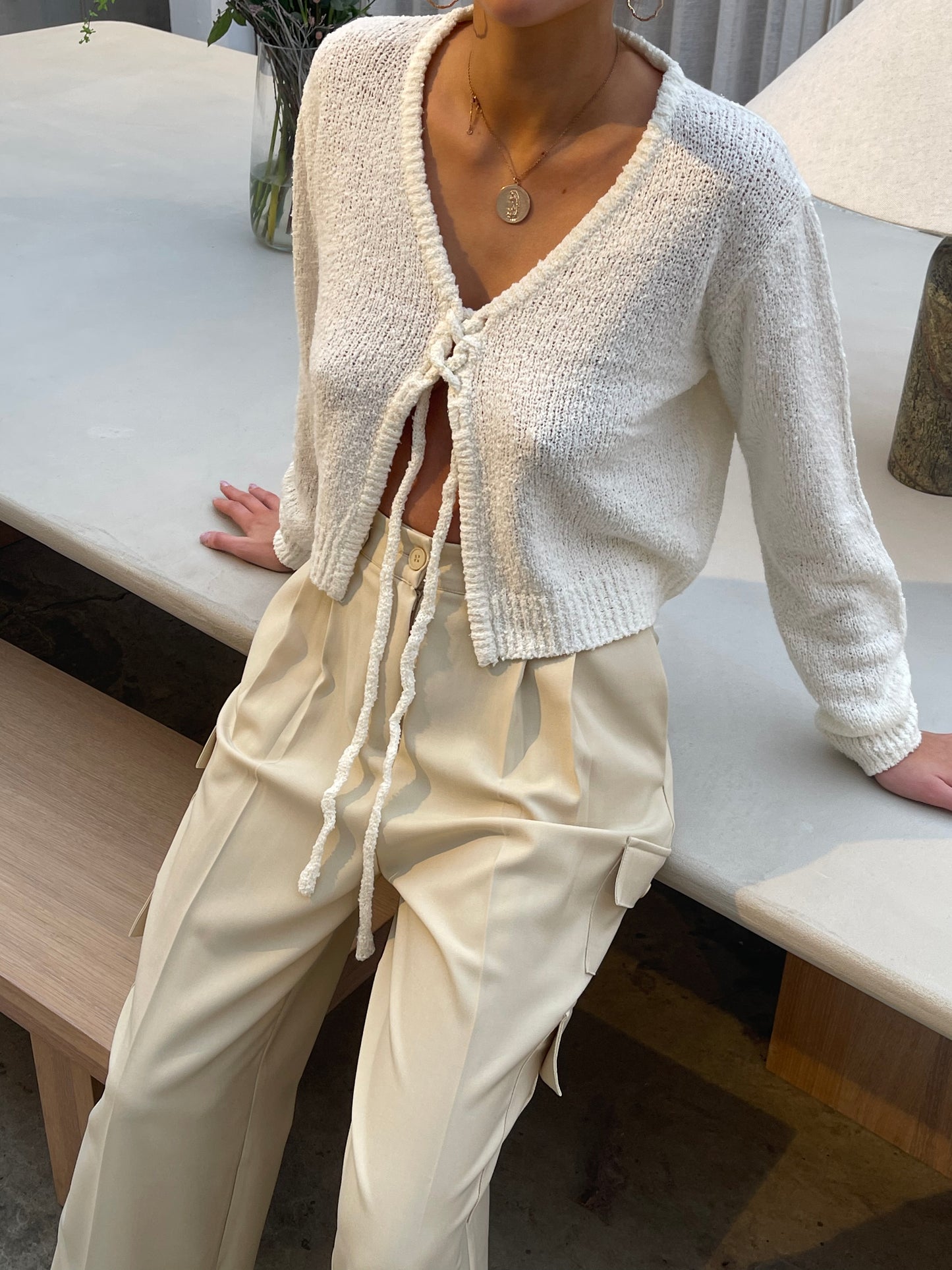 Tie Front Cropped Cardigan White