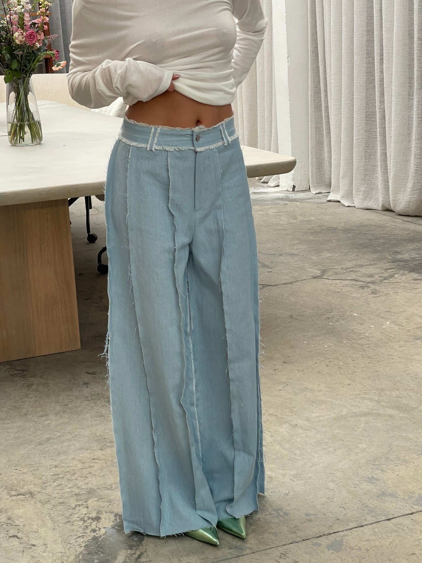 Fringe Trim Light Blue Jeans