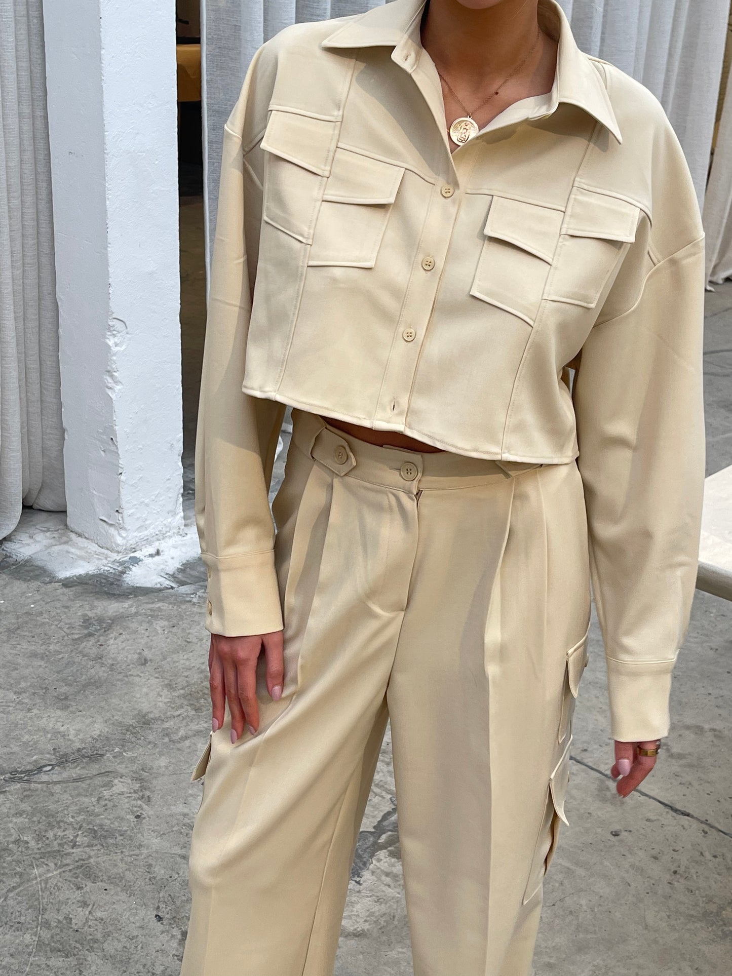 Co Ord Cropped Pocket Blouse Sand