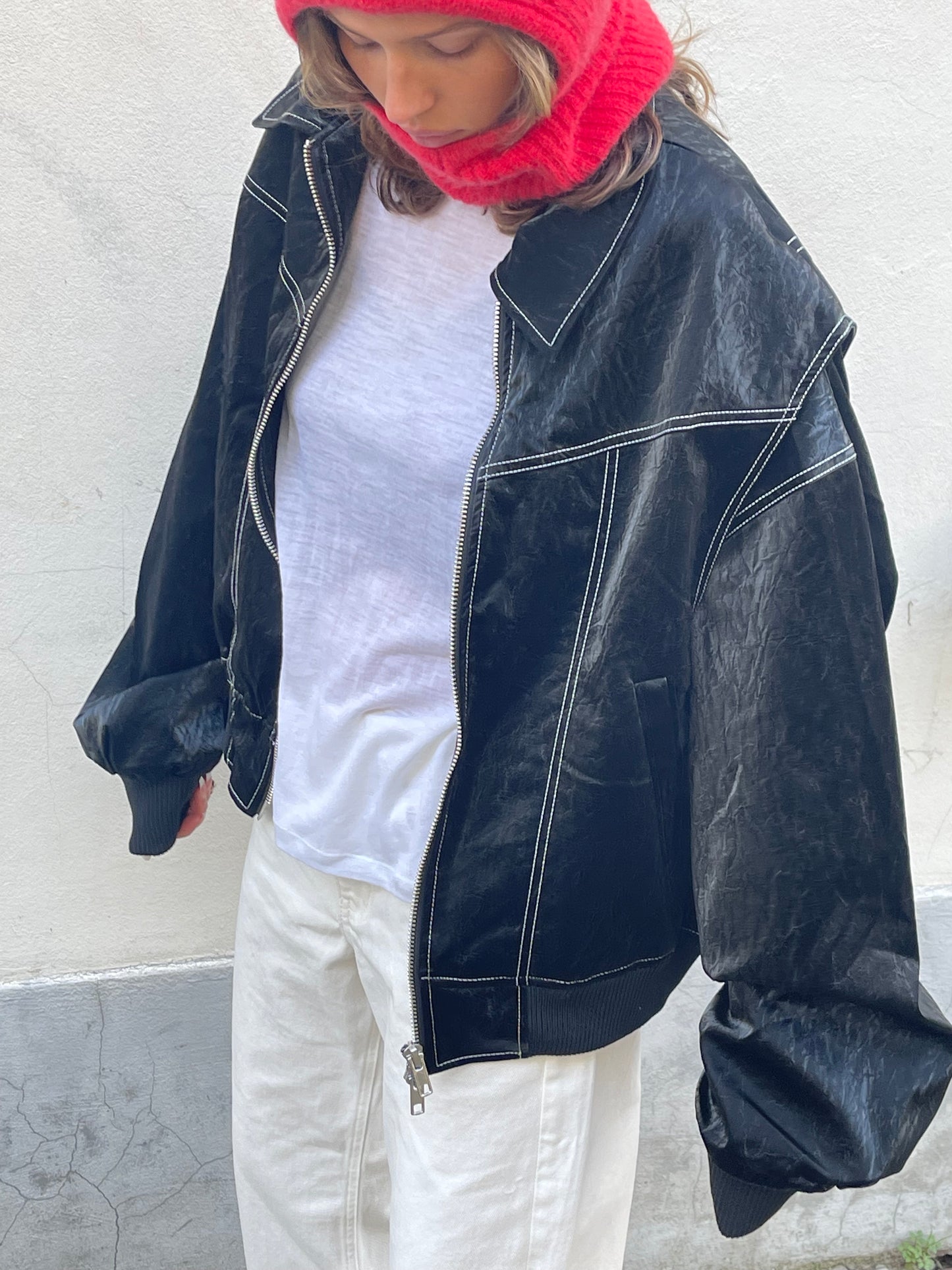 Oversized Contrast Stitch Jacket Black