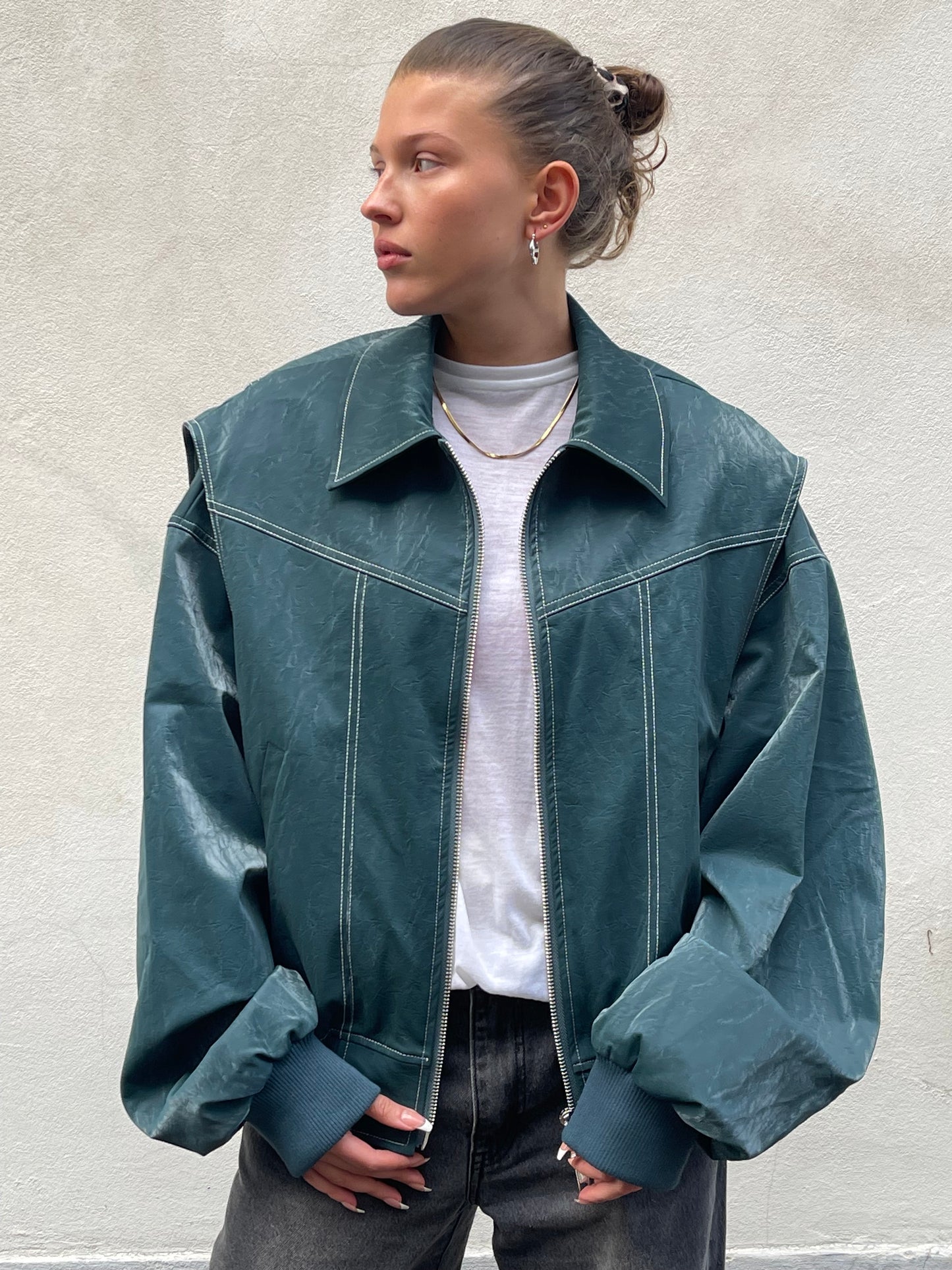 Oversized Contrast Stitch Jacket Deep Green