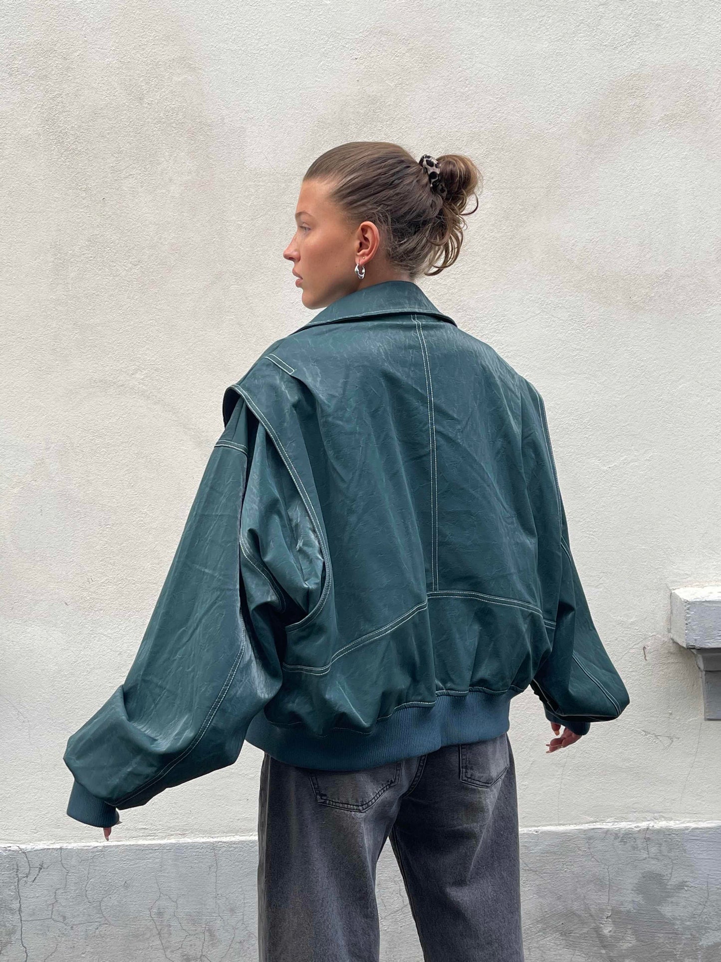 Oversized Contrast Stitch Jacket Deep Green