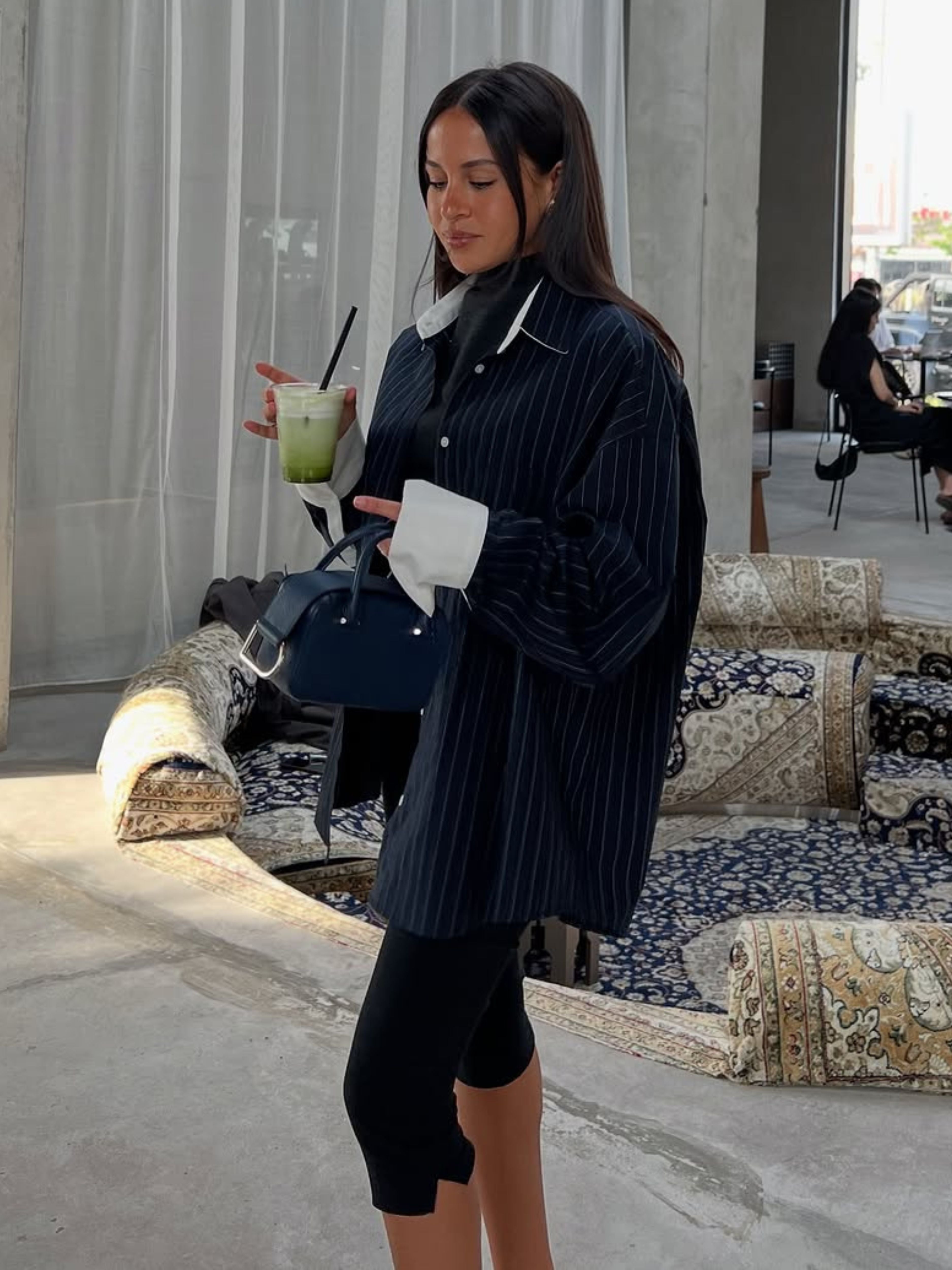 Contrast Lined Pinstriped Shirt Dark Blue – The Room Antwerp