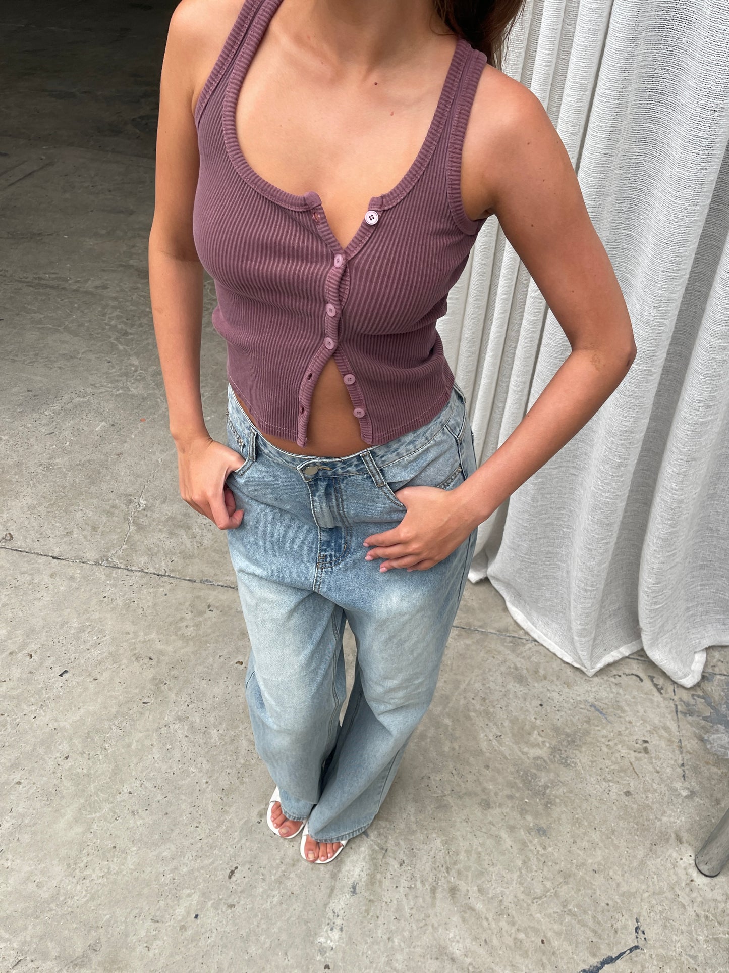 Side Button Ribbed Tank Plum