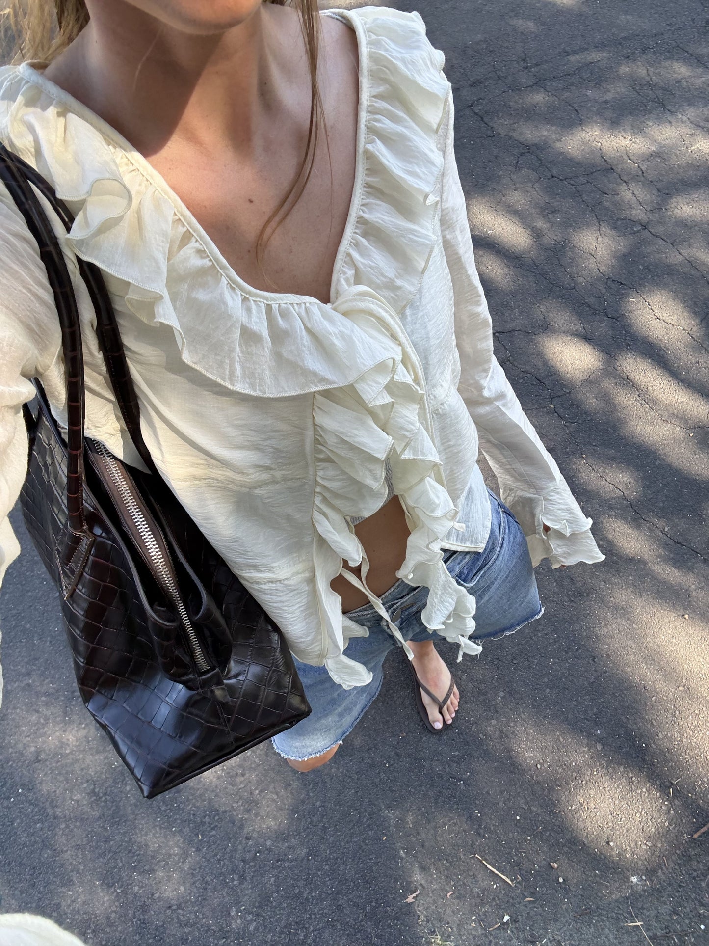 Front Tie Ruffled Blouse Cream