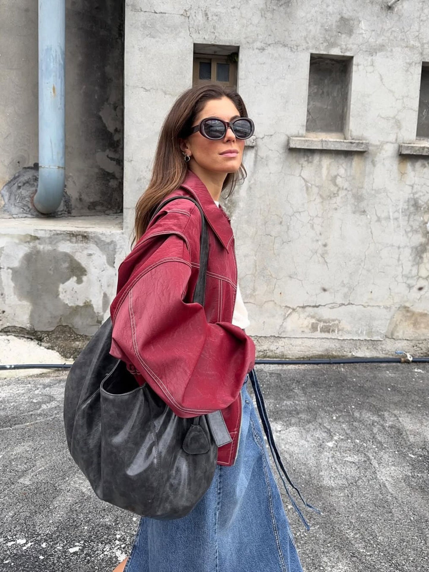 Oversized Contrast Stitch Jacket Red