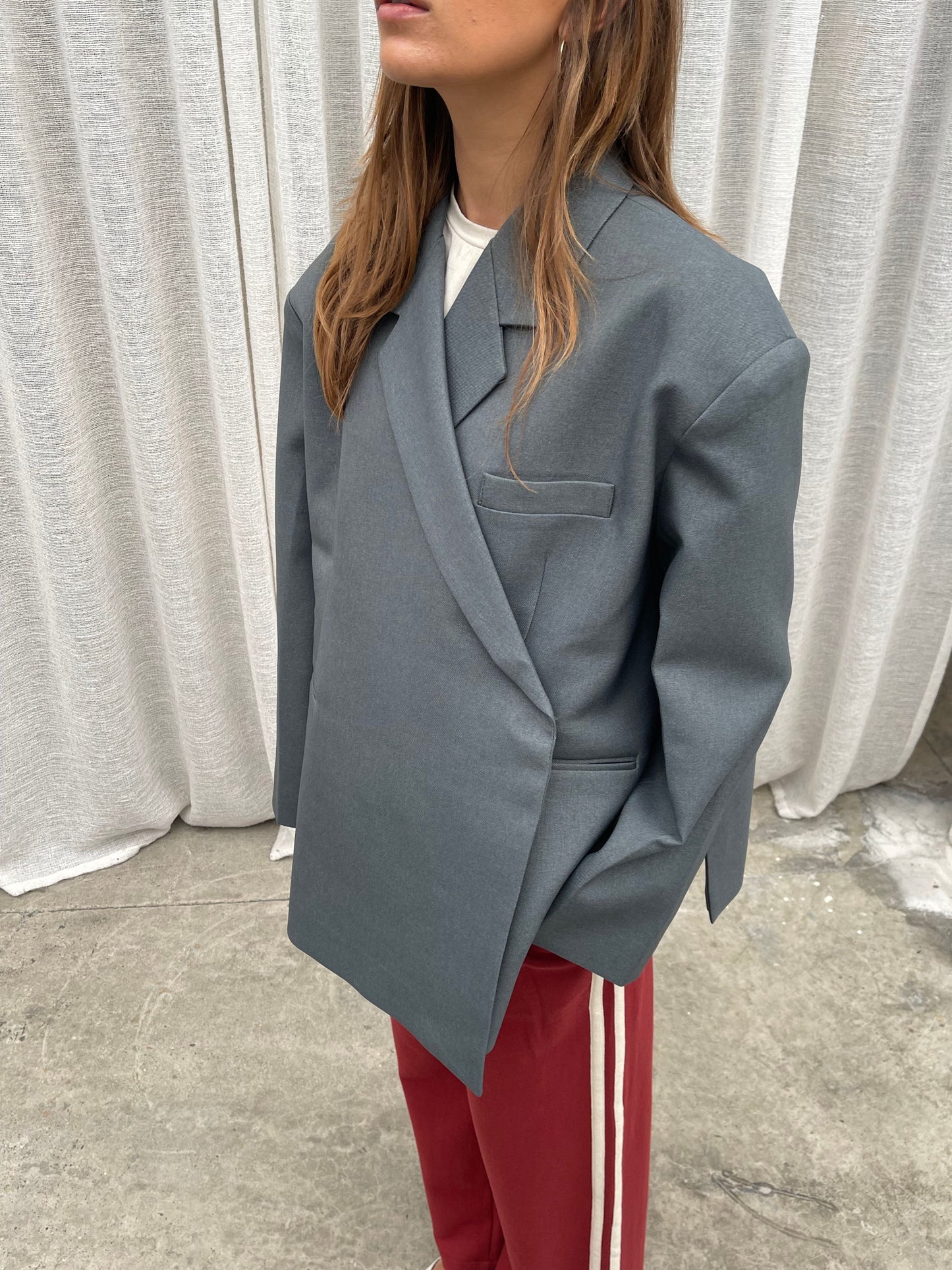 Oversized Side Slit Blazer Steel Blue