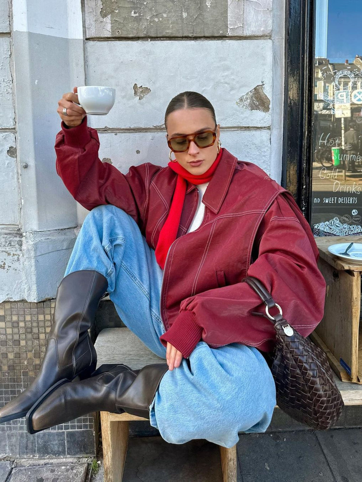 Oversized Contrast Stitch Jacket Red