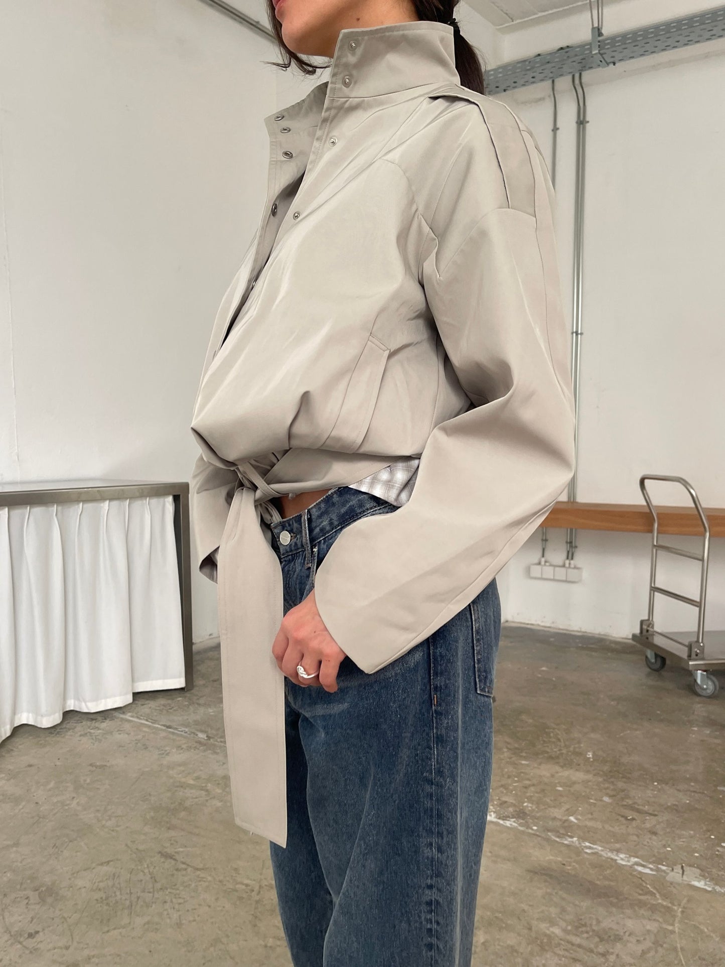 High Neck Belted Jacket Sage Green