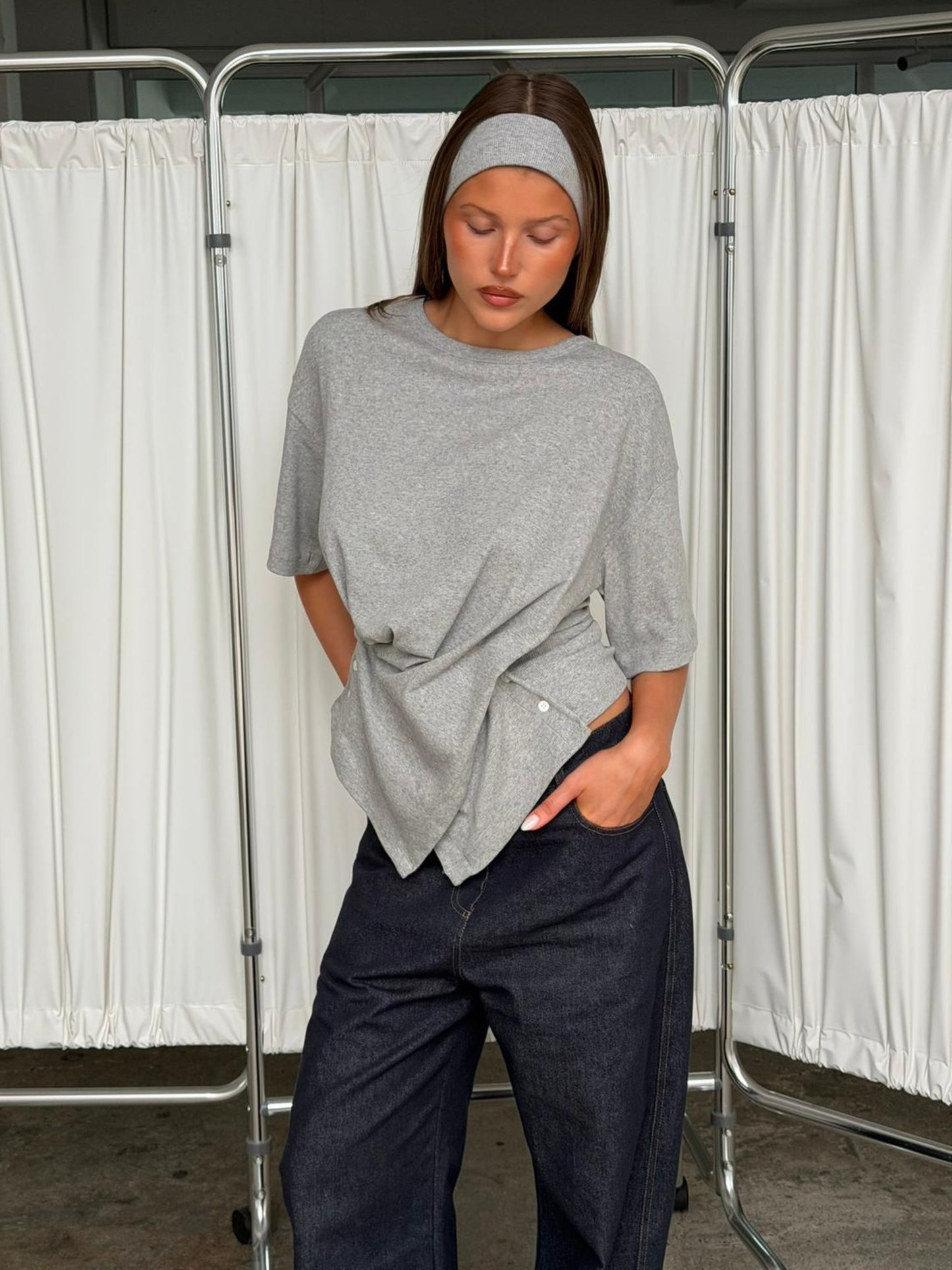 Ribbed Cinched Button Top Grey