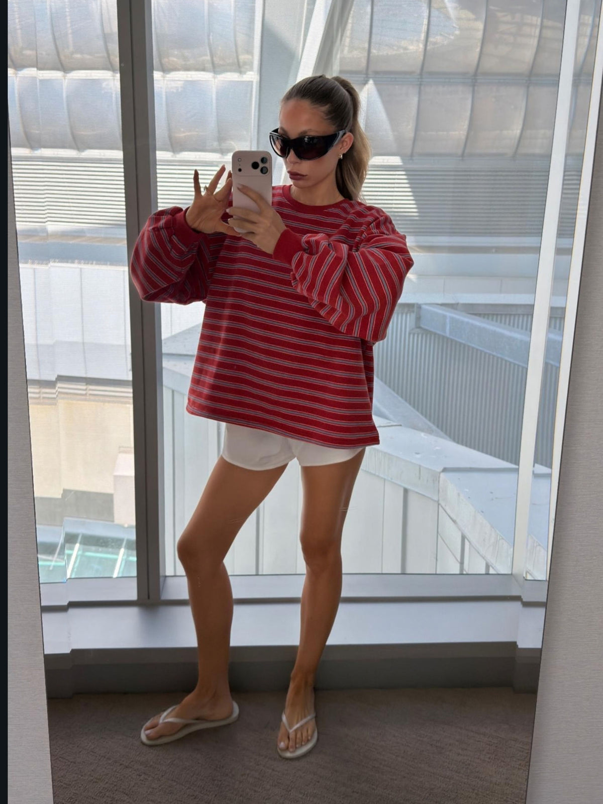 Oversized Striped Fleece Sweater Bright Red