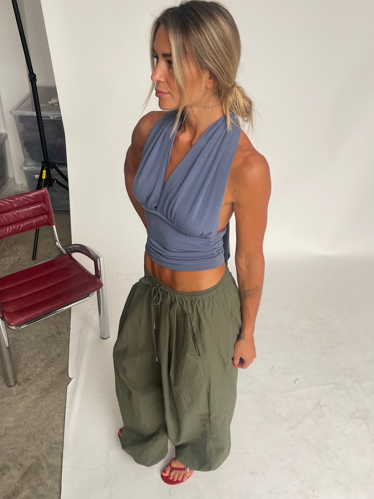 Deep Halter Neck Top Steel Blue