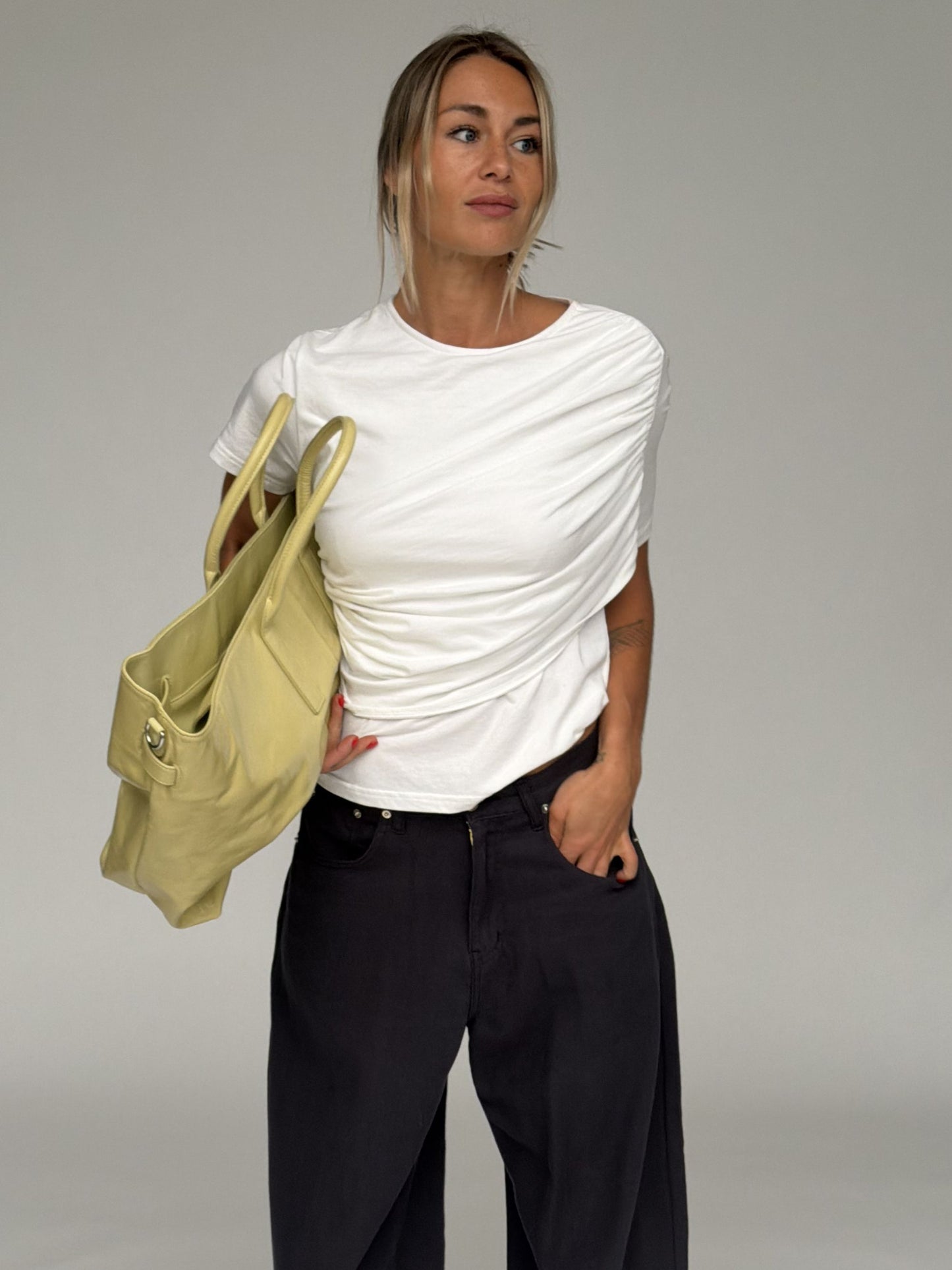 Draped Short Sleeve Top White