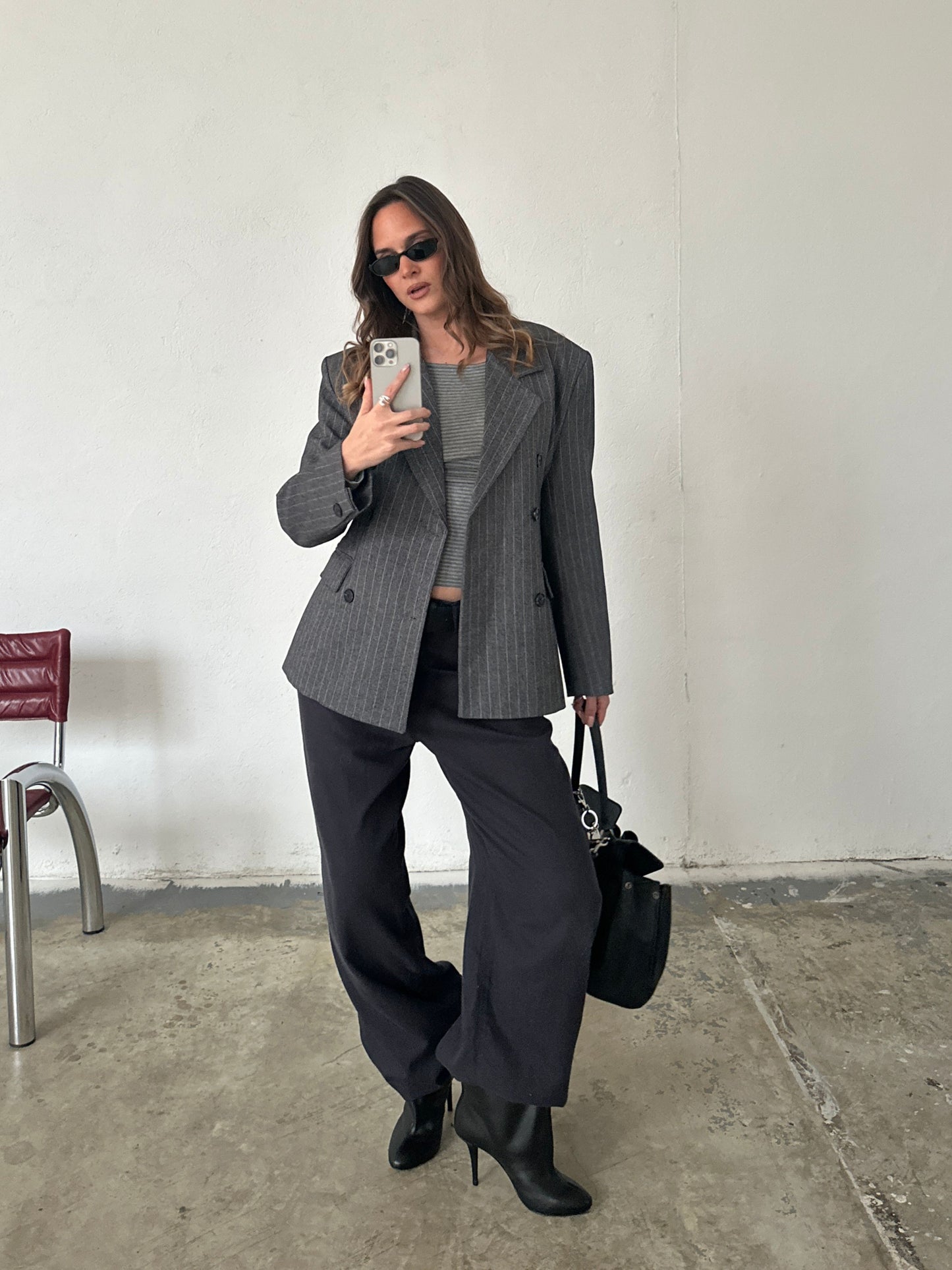 Pinstriped Cinched Blazer Grey Melange