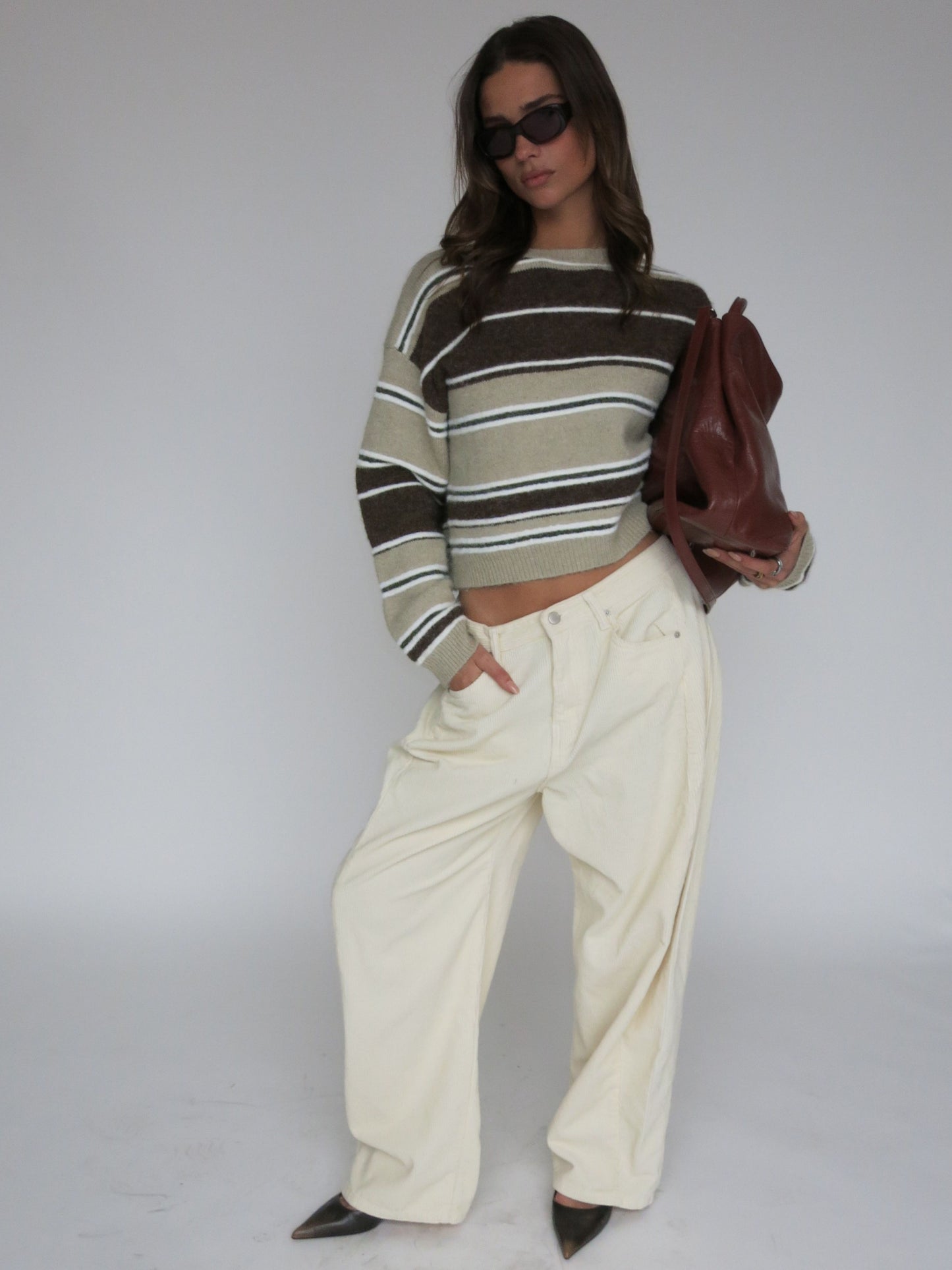 Two Coloured Striped Loose Knit Beige