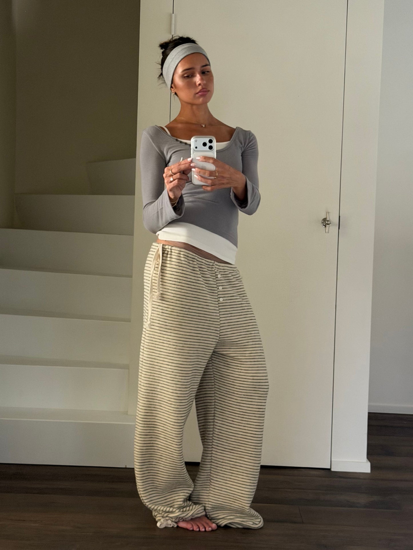 Soft Striped Drawstring Lounge Pants Ivory